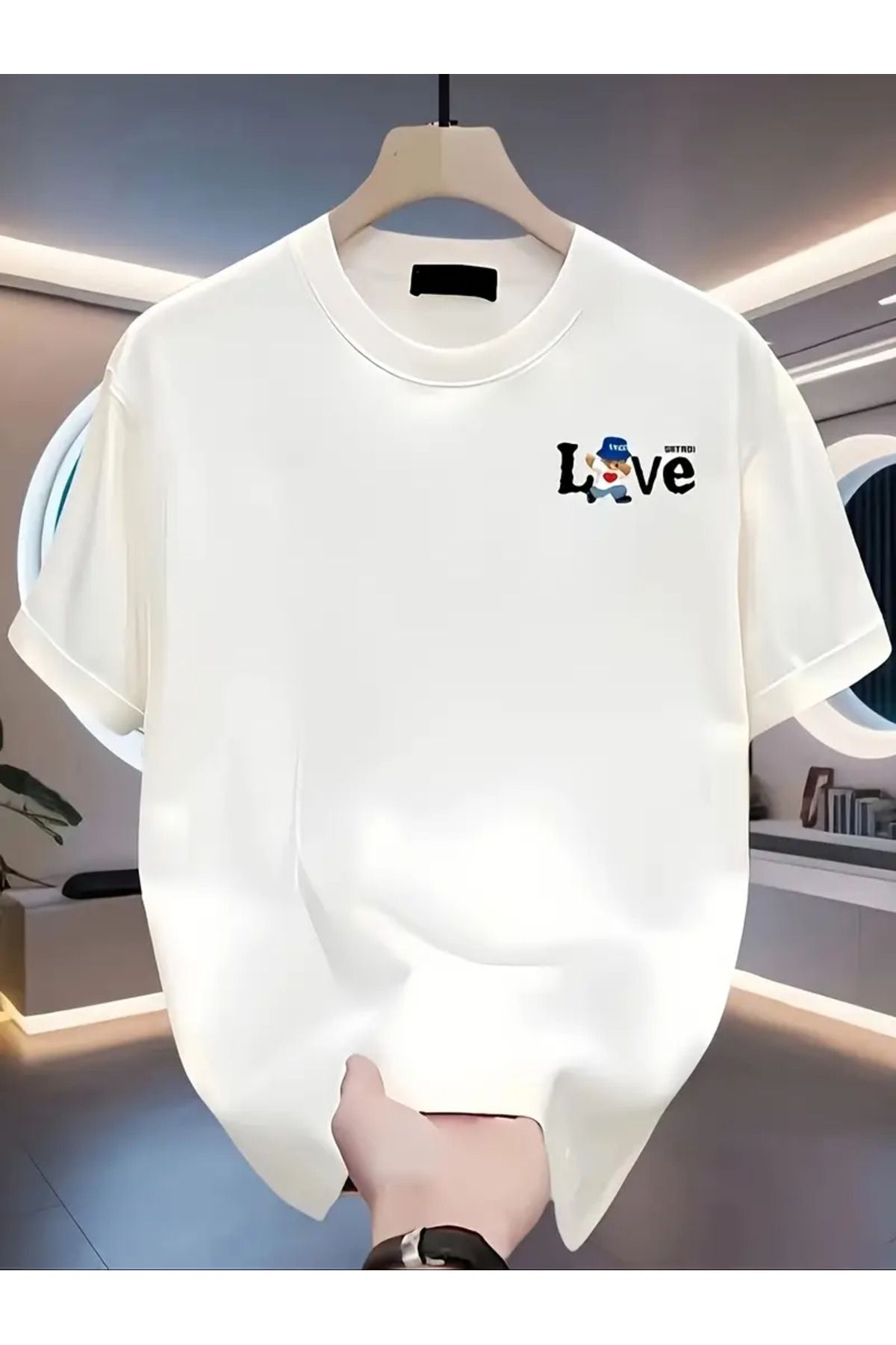 aynewmoda Erkekler için gündelik kısa kollu tişört, siyah, "LOVE" grafik tasarımı ve ayı tasarımı, hafif