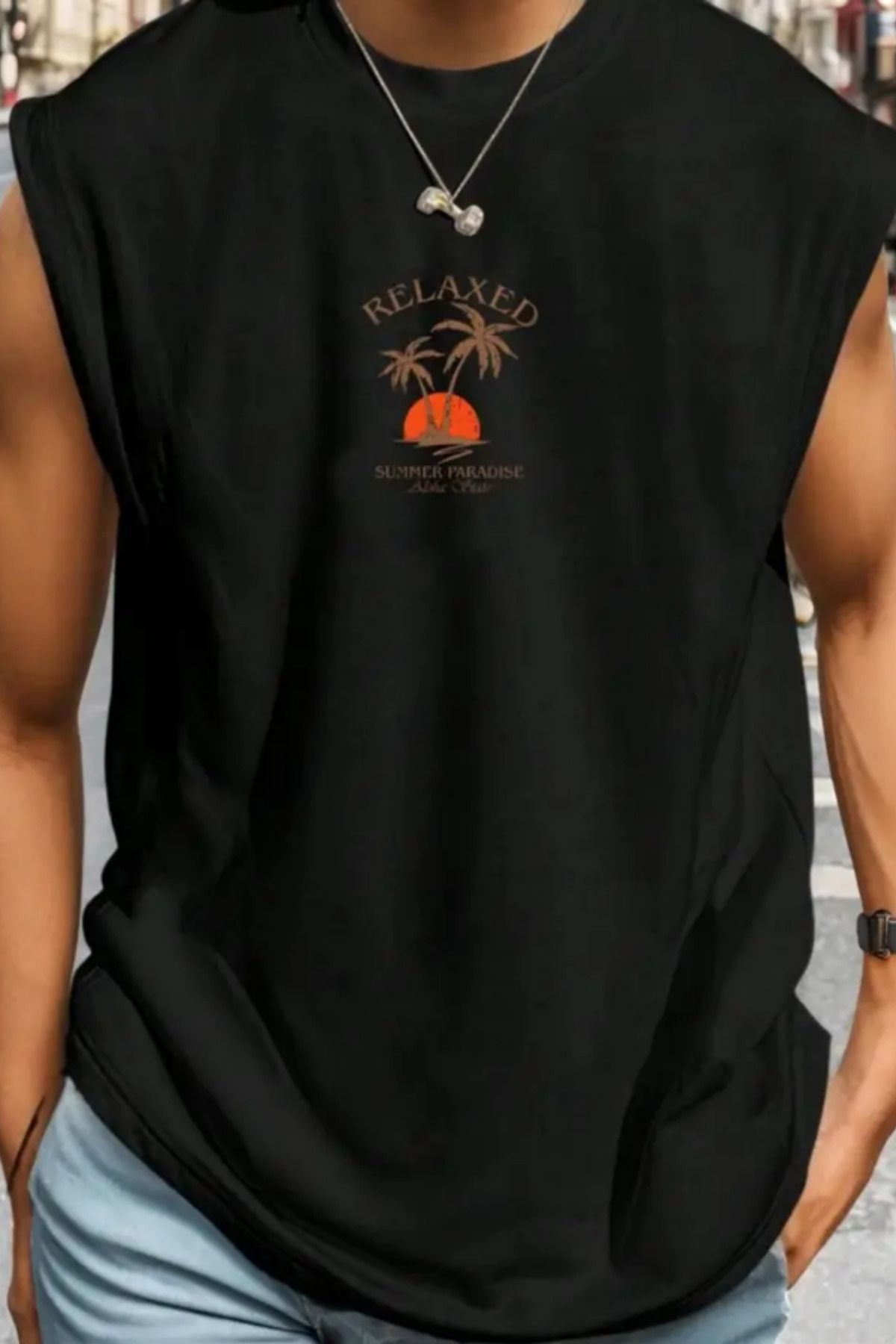 Tarz Cool Palmiye Ağaç Baskılı Siyah Kolsuz Atlet tshirt Erkek Sıfır Kol Oversize T-SHİRT