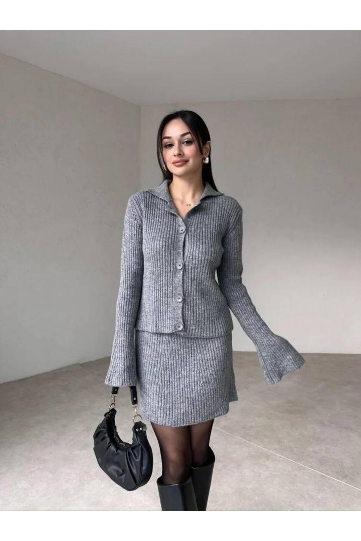 NZL TEKSTİL DGNS 2'Lİ KOLDETAYLI HIRKA-ETEK TAKIM
