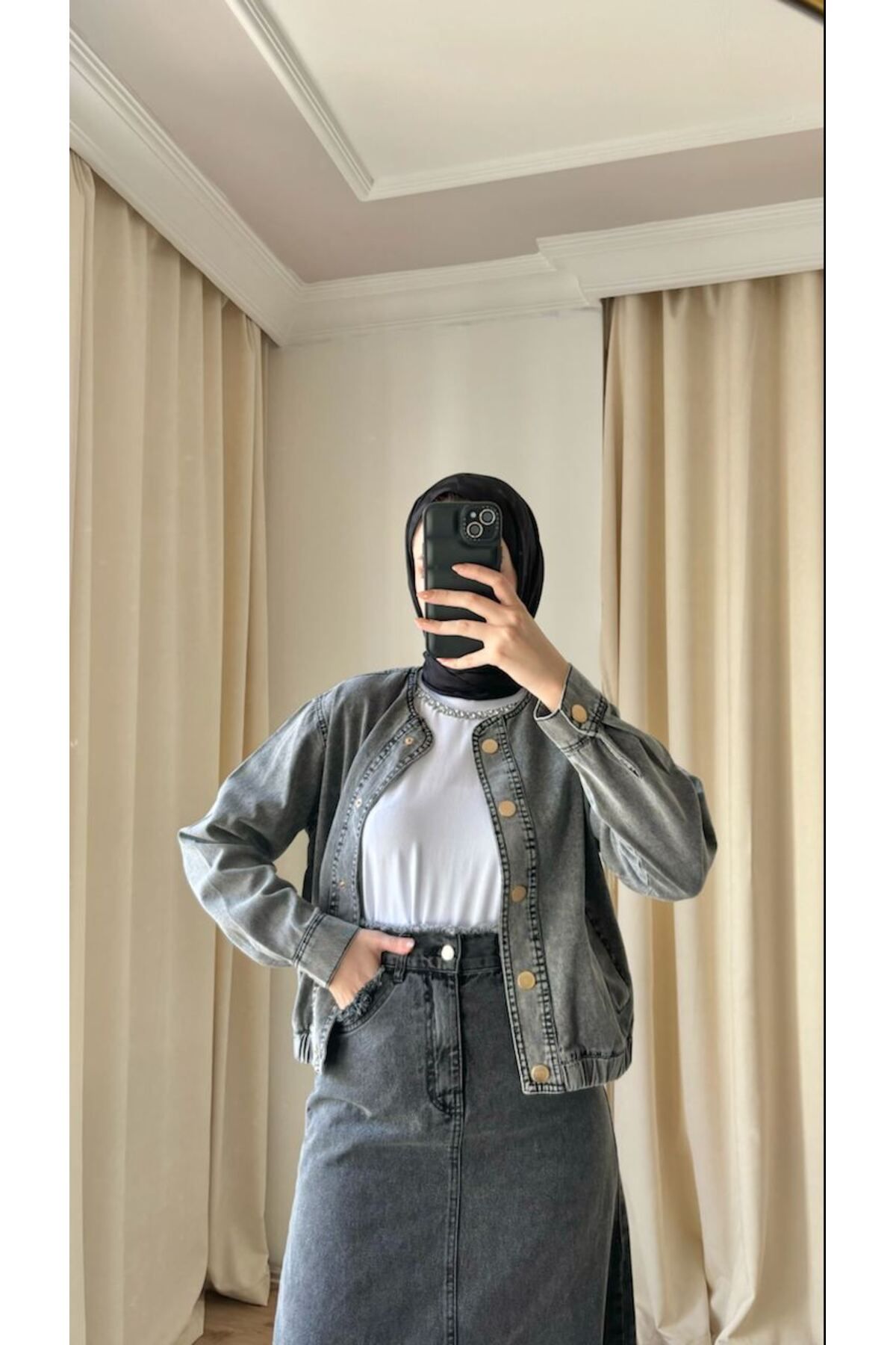 Suede Style 9174 - Spor Kısa Rahat Şık Kadın Kot Ceket