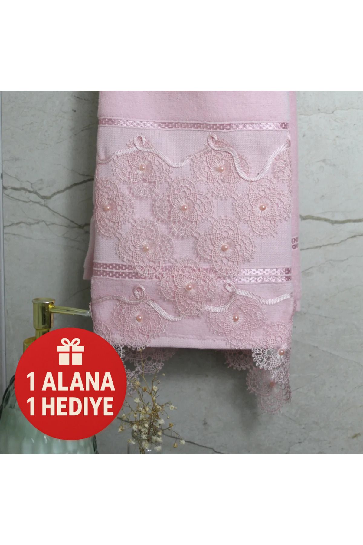 Lobya Sinoa Bir Alana Bir Hediye Pembe Dantelli El Havlusu (50 X 90)