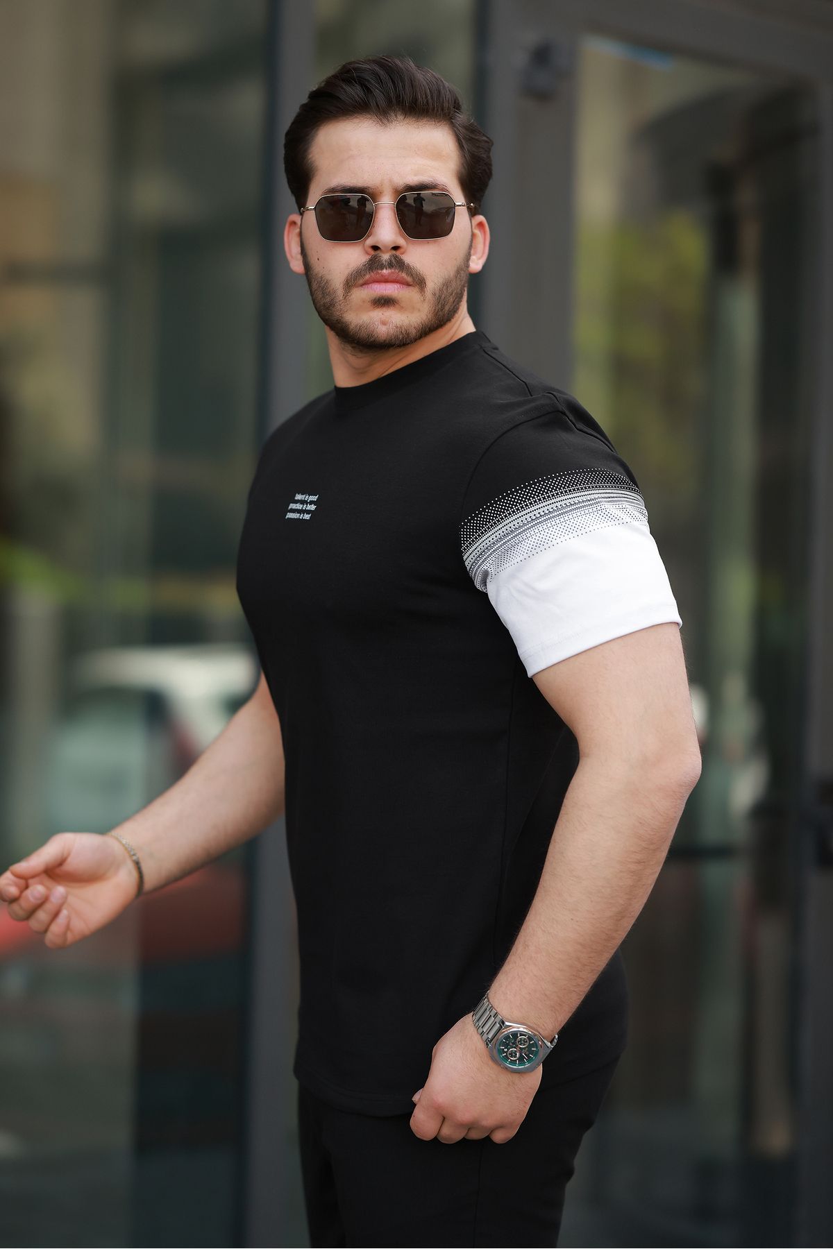 SALTİMORE Siyah-beyaz Renk Bloklu Slogan Baskılı %100 Pamuk Over Fit Bisiklet Yaka T-shirt