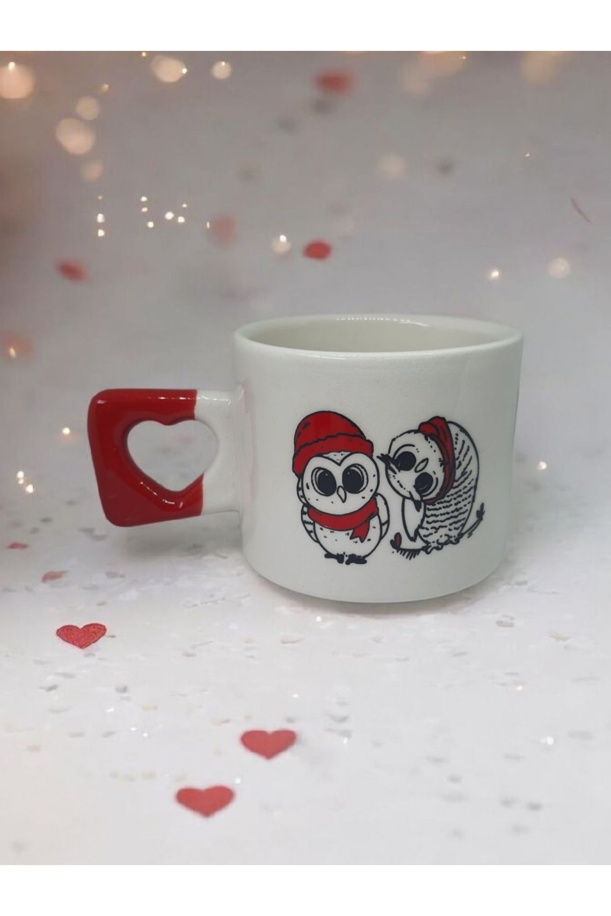 Simge Seramik Aşık Baykuşlar Çift Taraf Çizimli Kalp Kulplu El Yapımı Doğal Seramik Mug Kupa Fincan