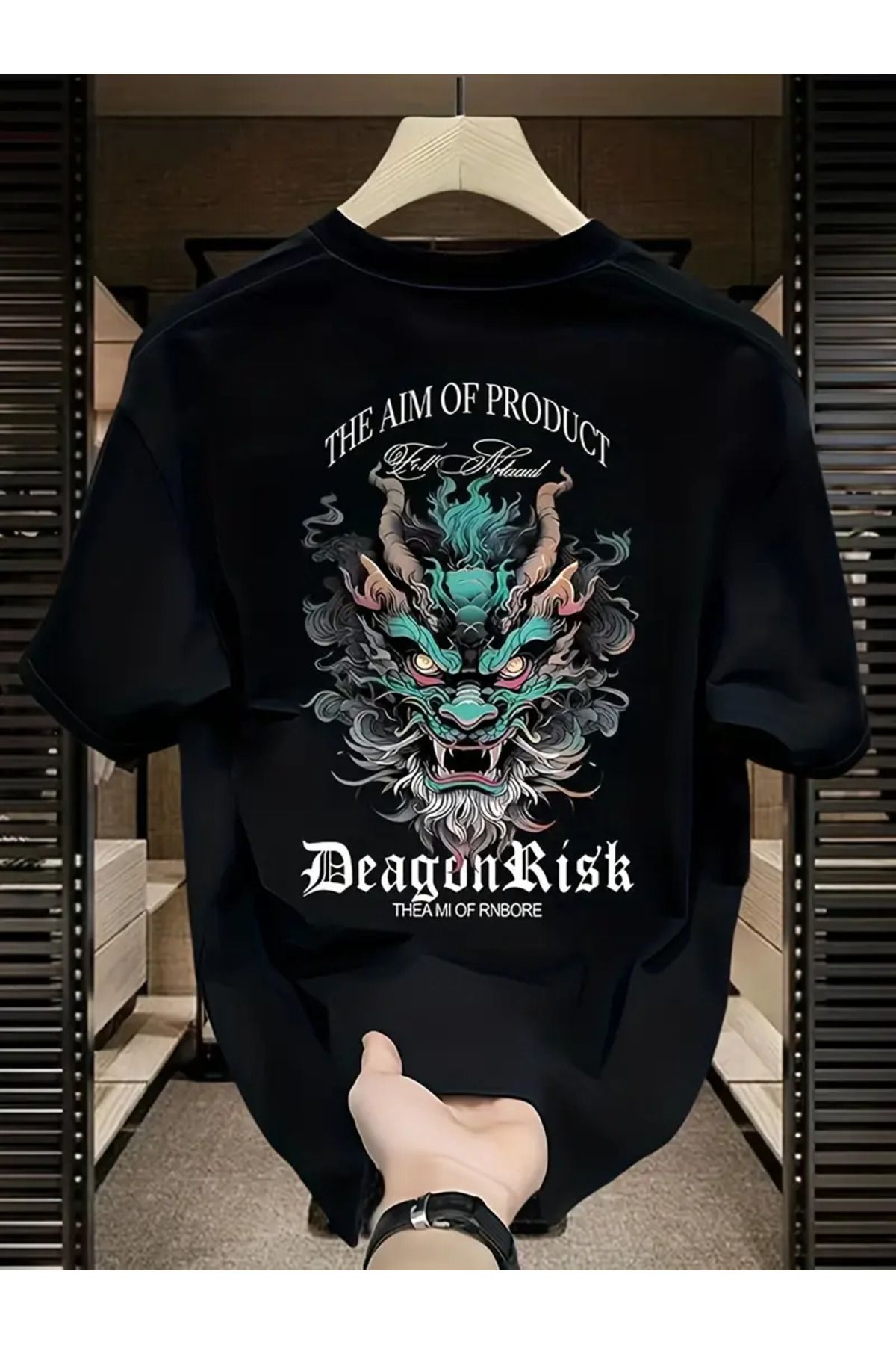 aynewmoda Erkek %100 Pamuklu Ağır Grafik Baskılı Yürüyüş Tişörtü - Ejderha ve Harf Baskılı,