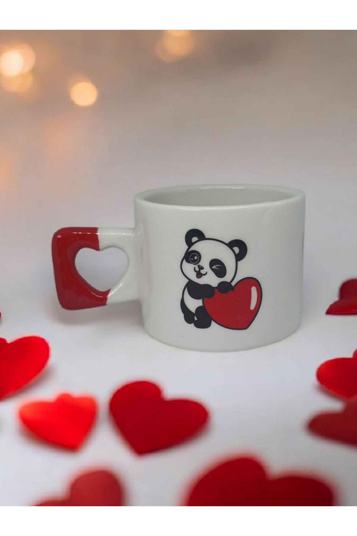 Simge Seramik Romantik Kalpli Panda Çift Taraf Baskılı Kalp Kulplu El Yapımı Doğal Seramik Mug Kupa Fincan
