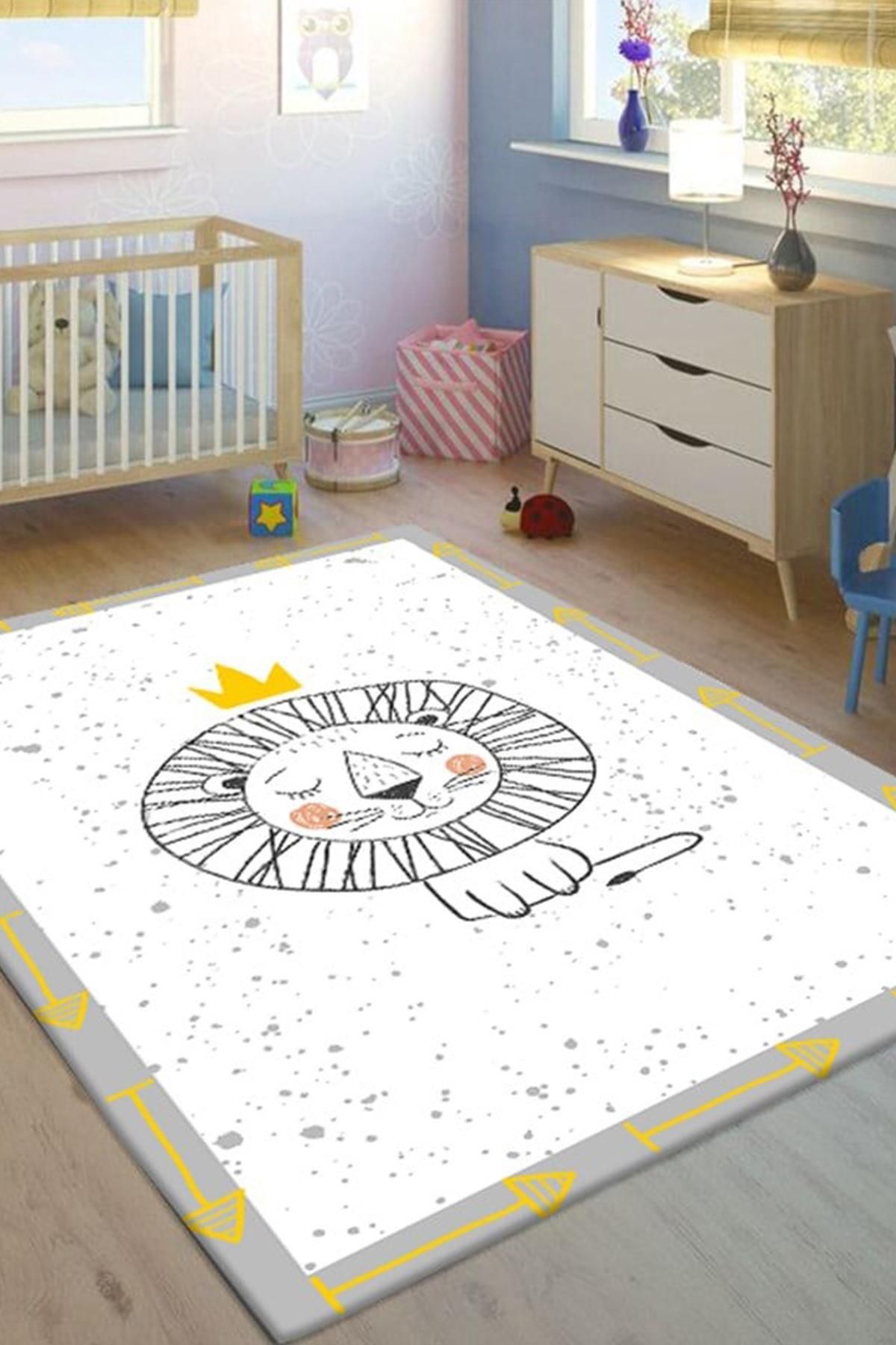 Serteks Beyaz Aslan Baskılı Kaymaz Tabanlı Makinede Yıkanabilir Çocuk Halısı