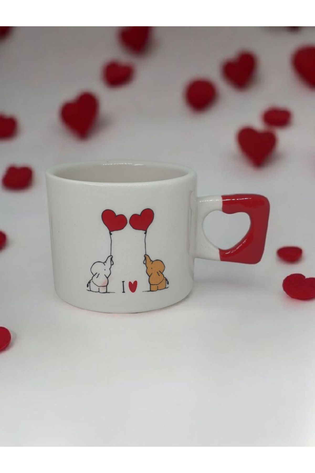 Simge Seramik Romantik Filler Çift Taraf Çizimli Kalp Kulplu El Yapımı Doğal Seramik Mug Kupa Fincan