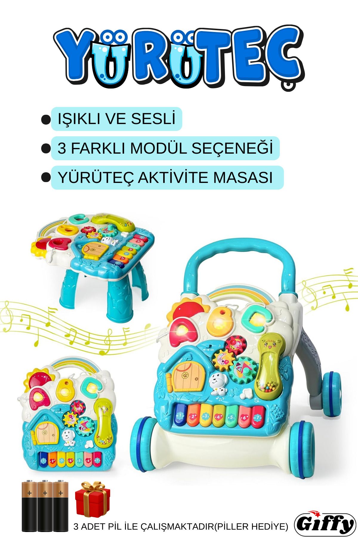 giffy Yürüteç Piyanolu Sesli Işıklı 4 Farklı Mod ile Yürümeye Yardımcı Aktivite Masası Fonksiyonlu Yürüteç