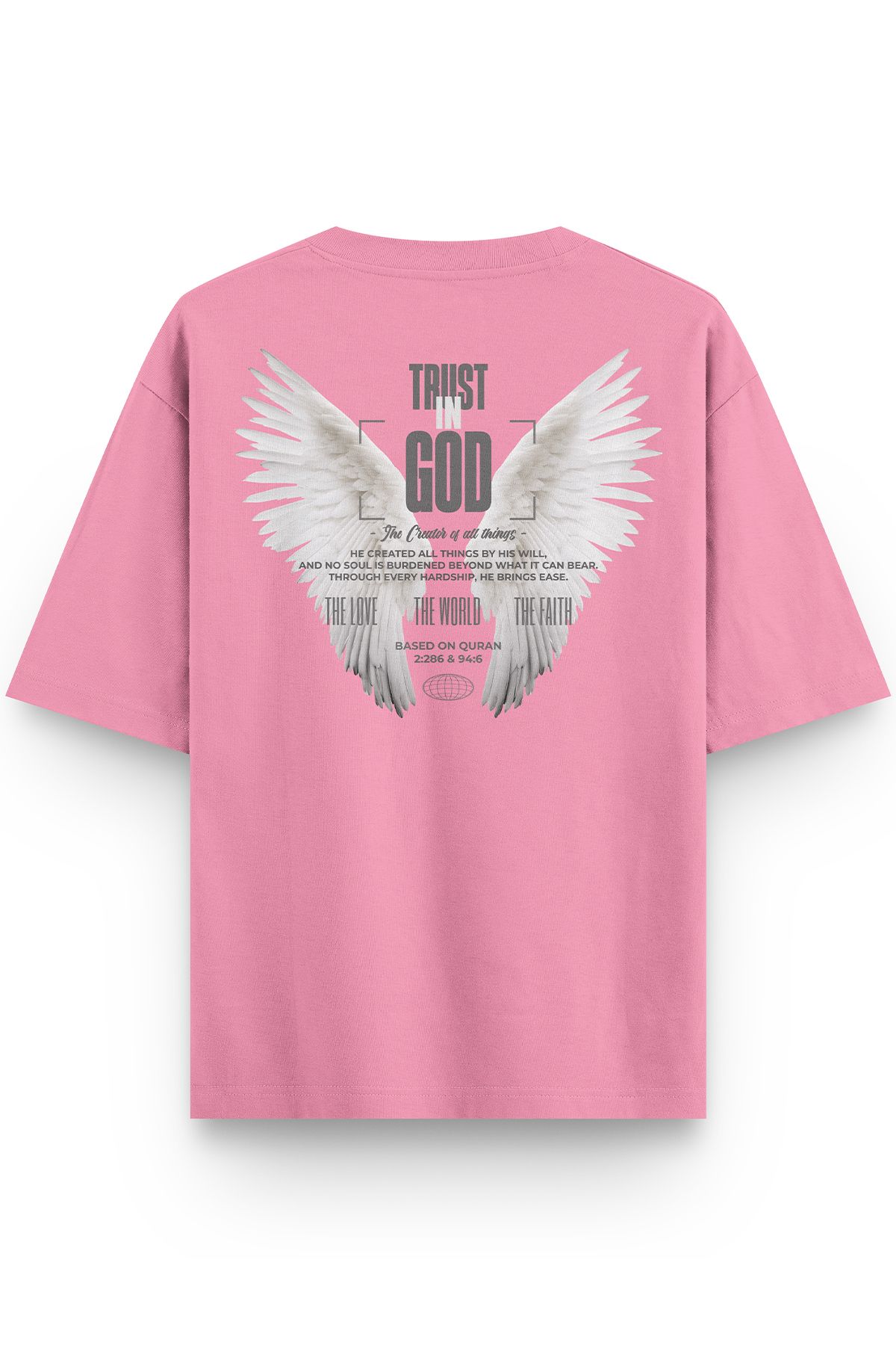 Overoz Pembe Yarı Oversize Tshirt Trust in God Melek Kanadı Angel Baskılı Oversize Tişört 1387