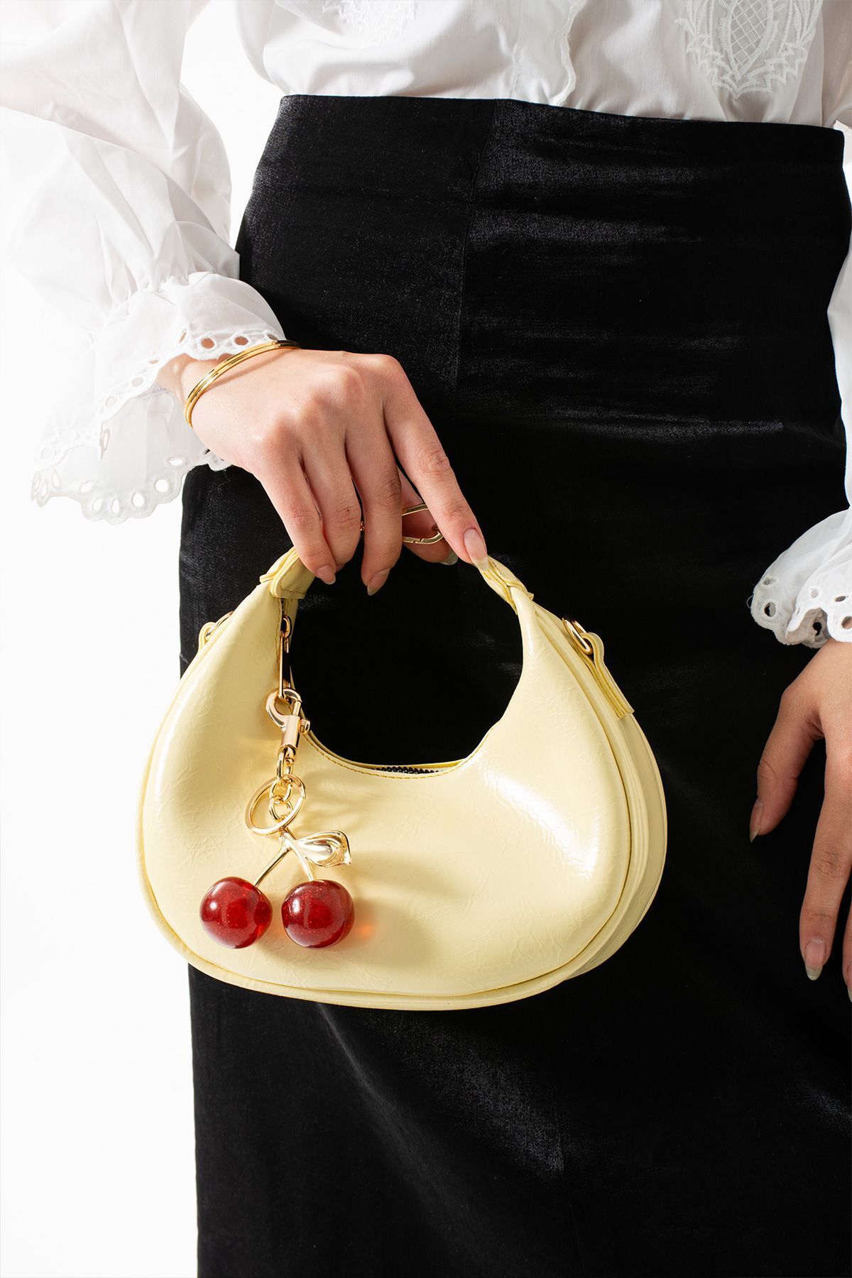 mèche atelier since 2024 valeria kadın el ve omuz çantası kiraz charm hediyeli butter yellow sarı