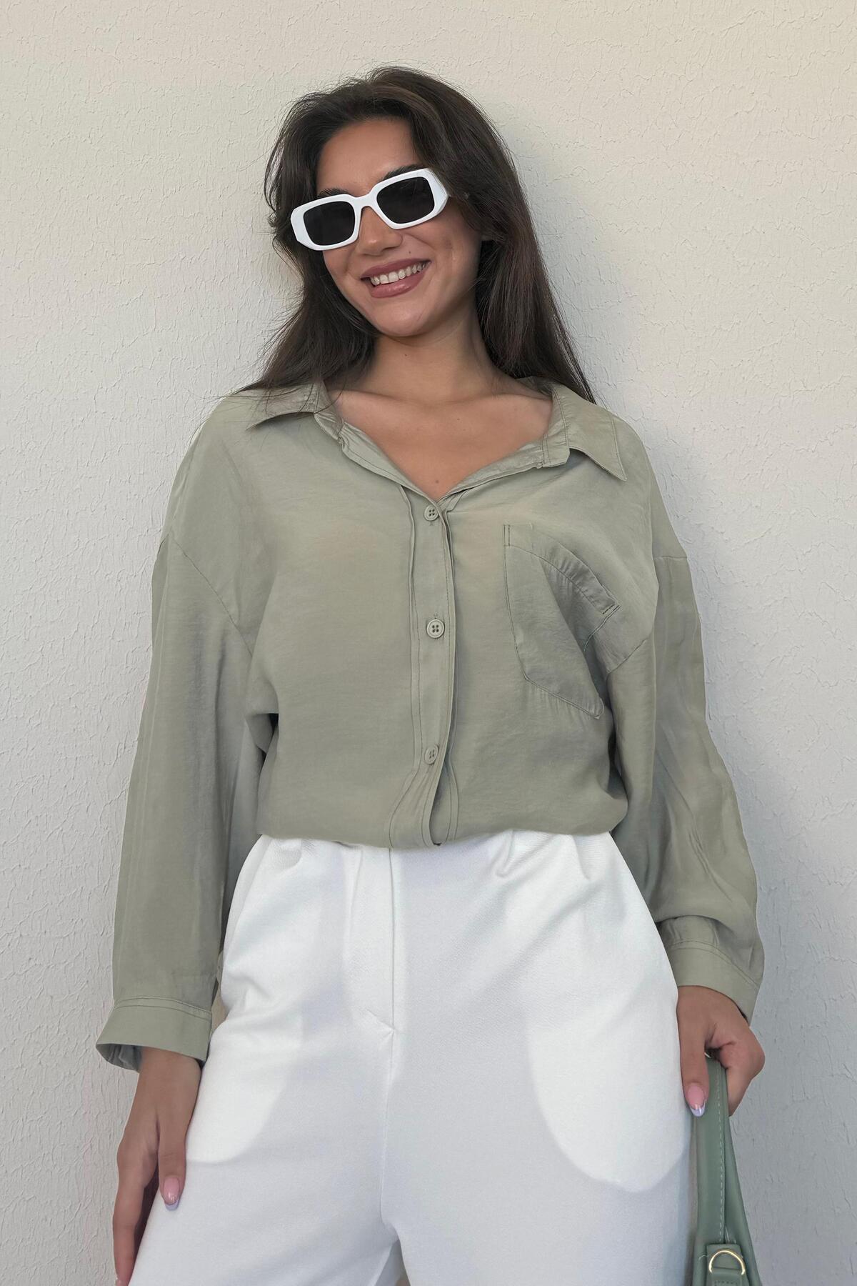 Madmext  Mint Yeşili Cepli Kadın Uzun Kollu Gömlek MG2409 - Görsel 4