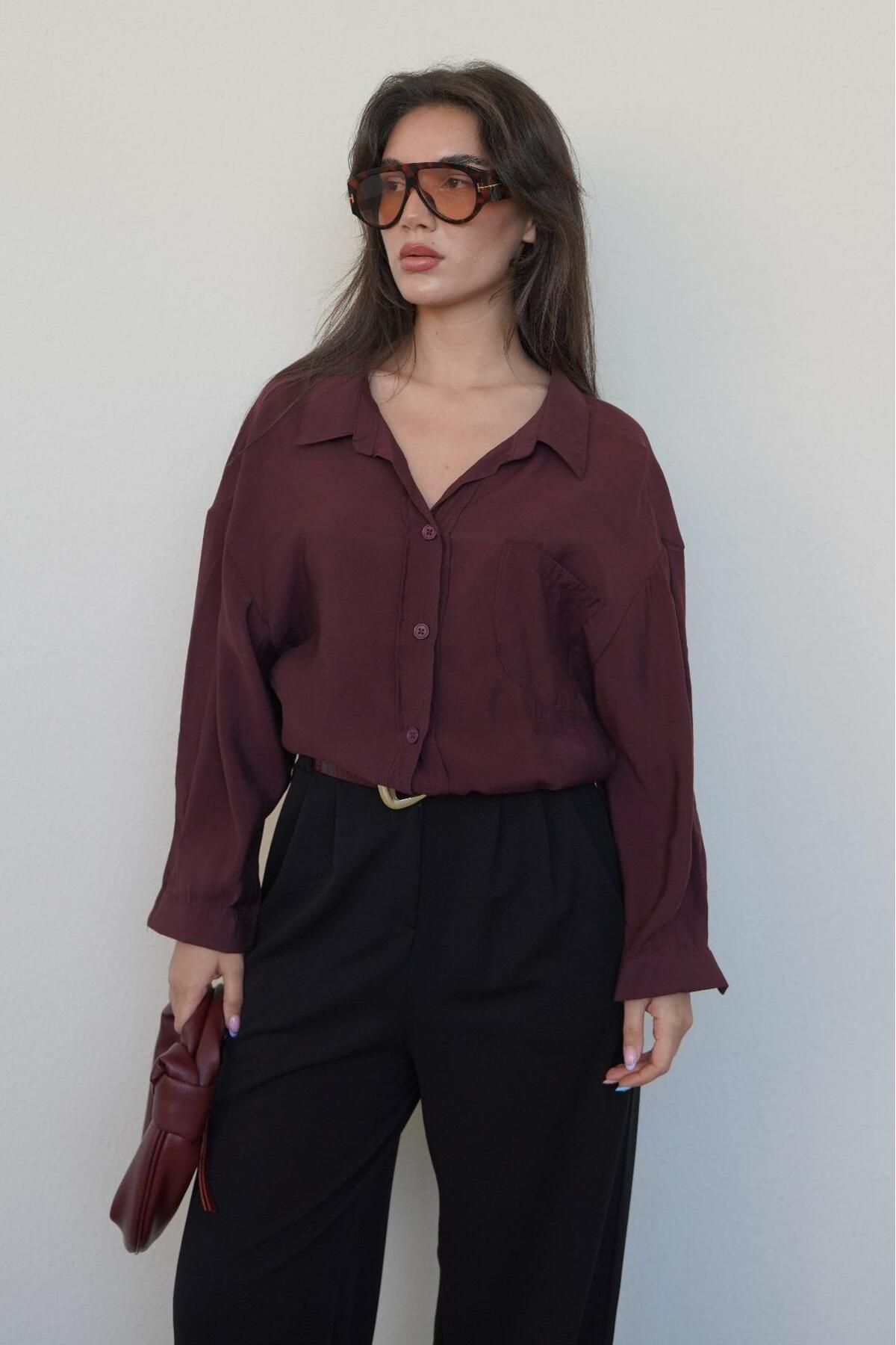 Madmext Bordo Cepli Kadın Uzun Kollu Gömlek MG2409