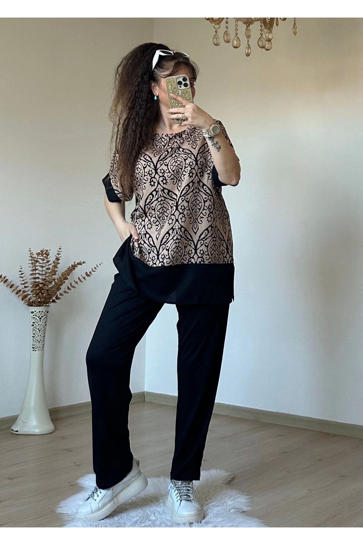 azra moda Şal Desen Dokuma Takım Somon Renk
