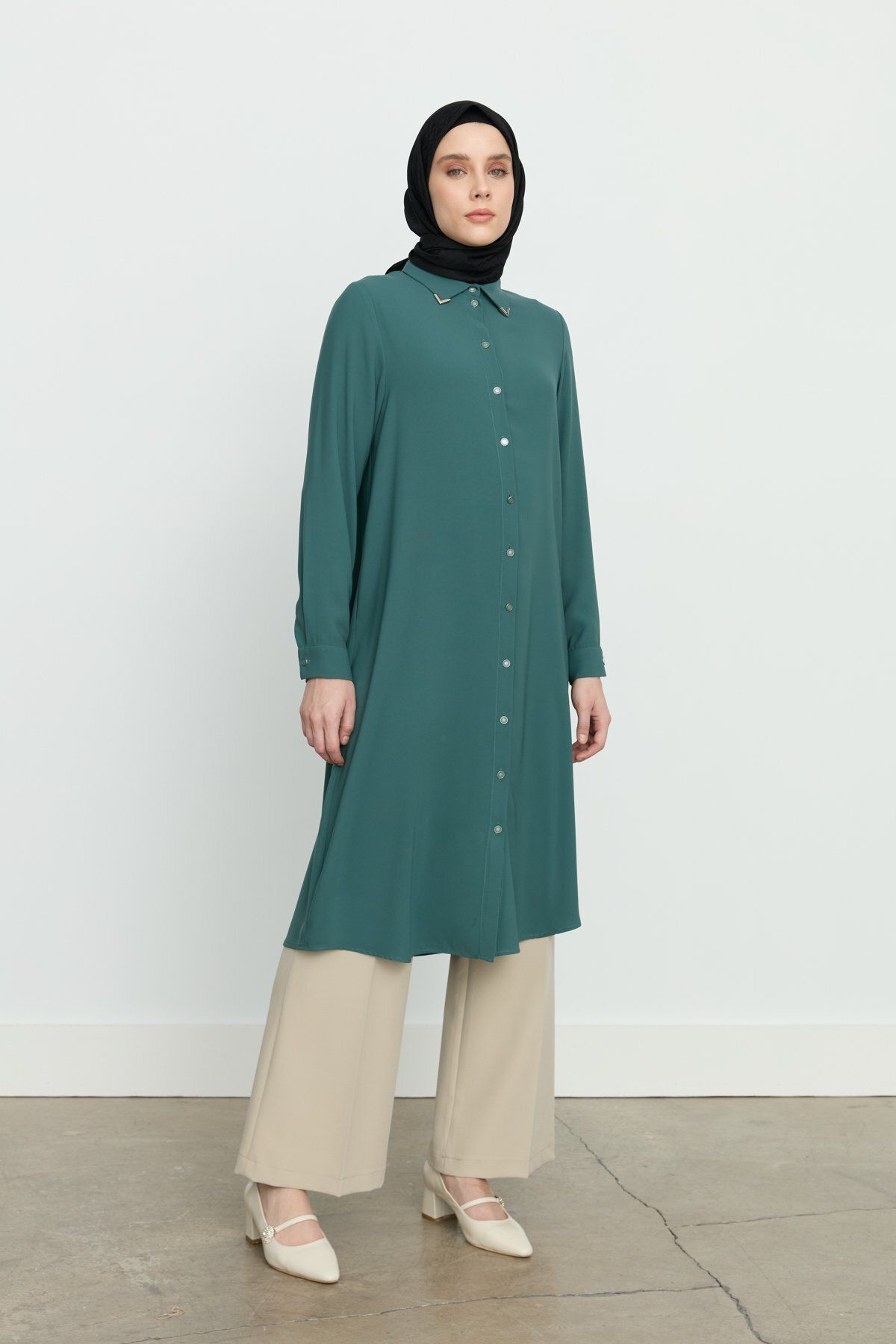 Nihan Gömlek Yaka Basic Tunik Yeşil