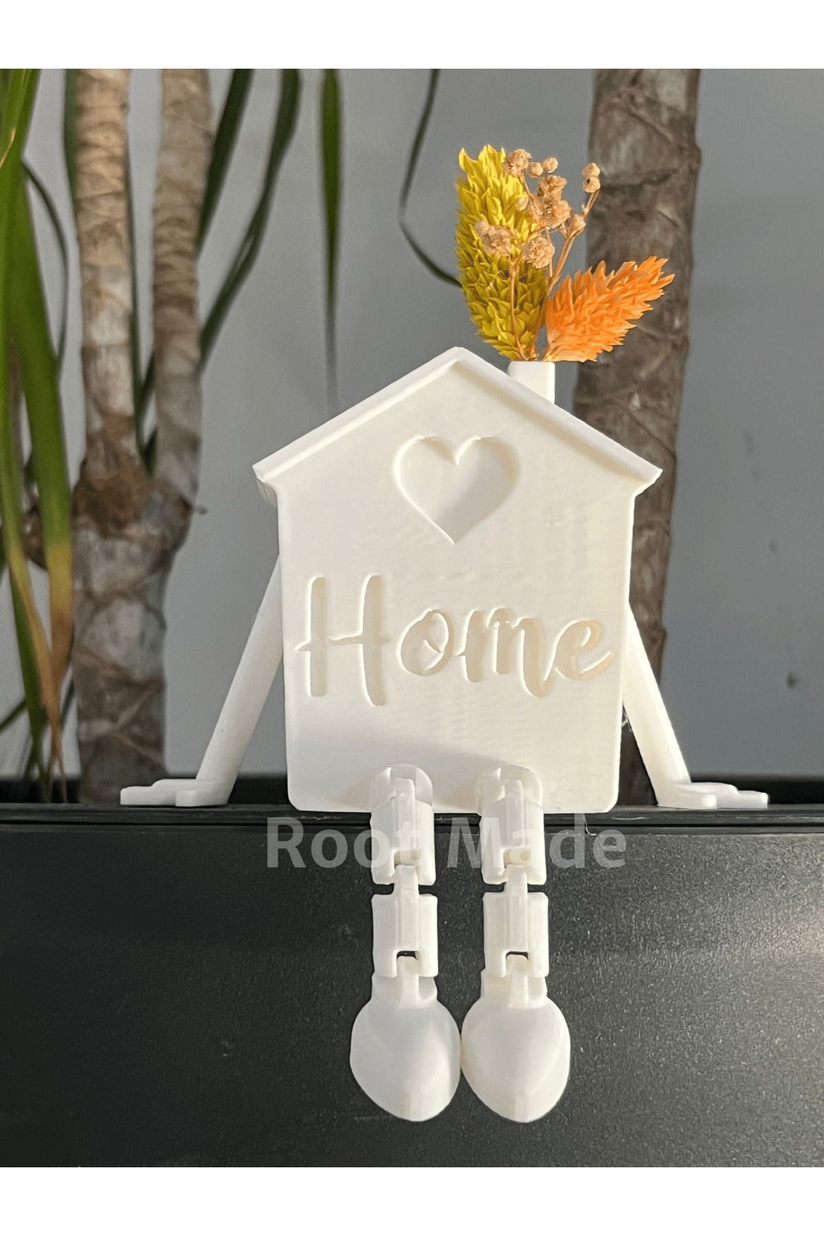 Root Made Home Yazılı Minik Ev Dekoratif Obje Eklemli Ev Konsol Saksı Masa Balkon Süsü Minimalist Oturan Ev