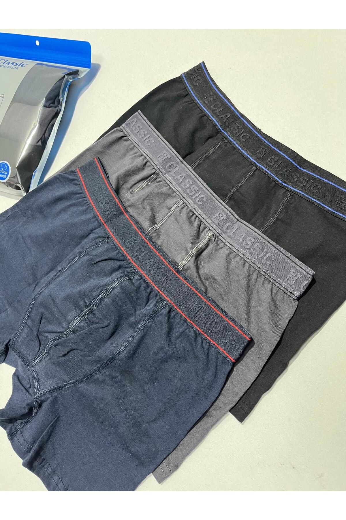 CLASSİC Erkek 3'lü Pamuklu Esnek Kumaş Siyah Füme Lacivert Boxer