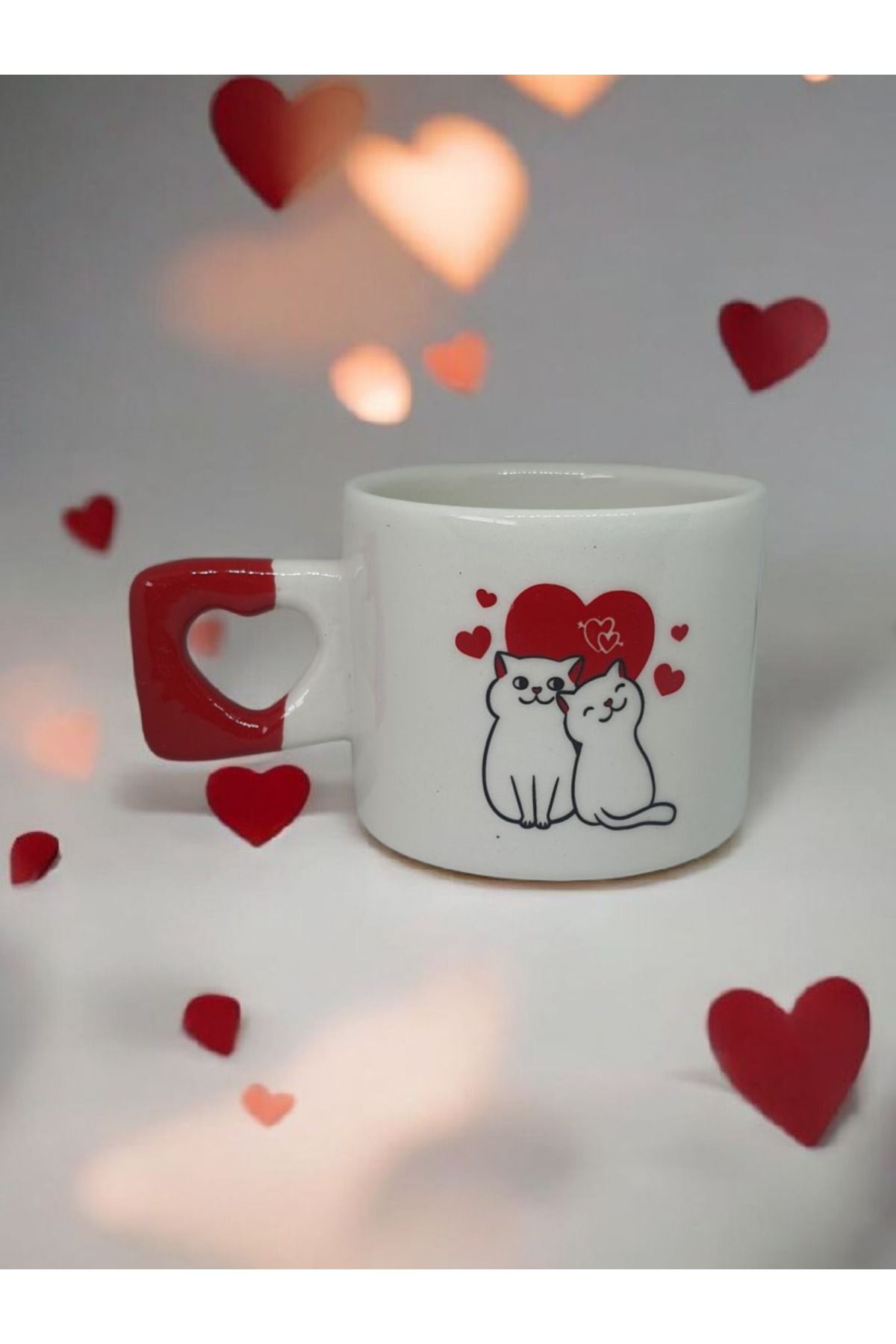 Simge Seramik Romantik Sevimli Kediler Çift Taraf Çizimli Kalp Kulplu El Yapımı Doğal Seramik Mug Kupa Fincan