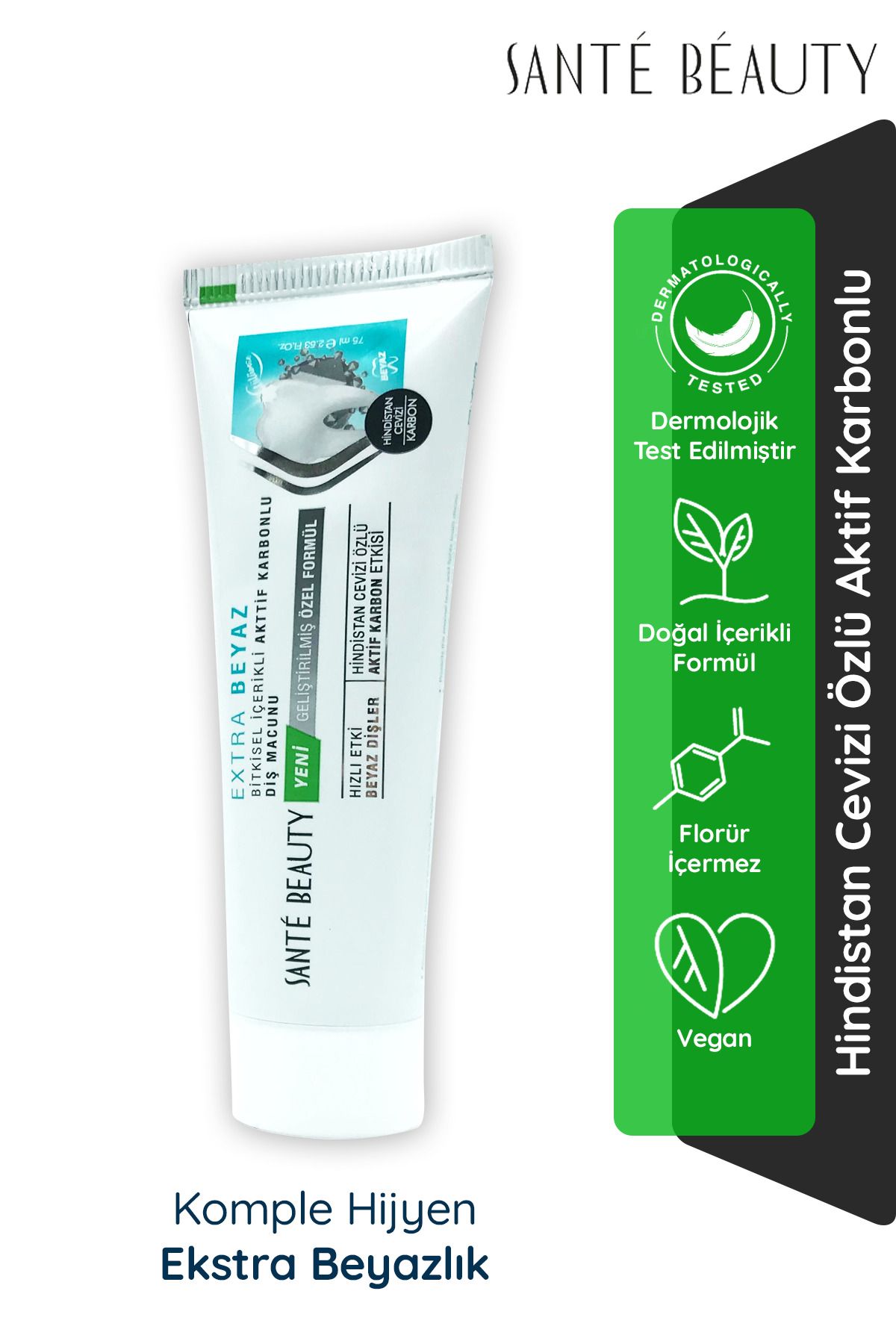 SANTE BEAUTY Doğal Hindistan Cevizi Özlü & Aktif Karbonlu Leke & Plak Karşıtı Beyazlatıcı Diş Macunu 75 ml