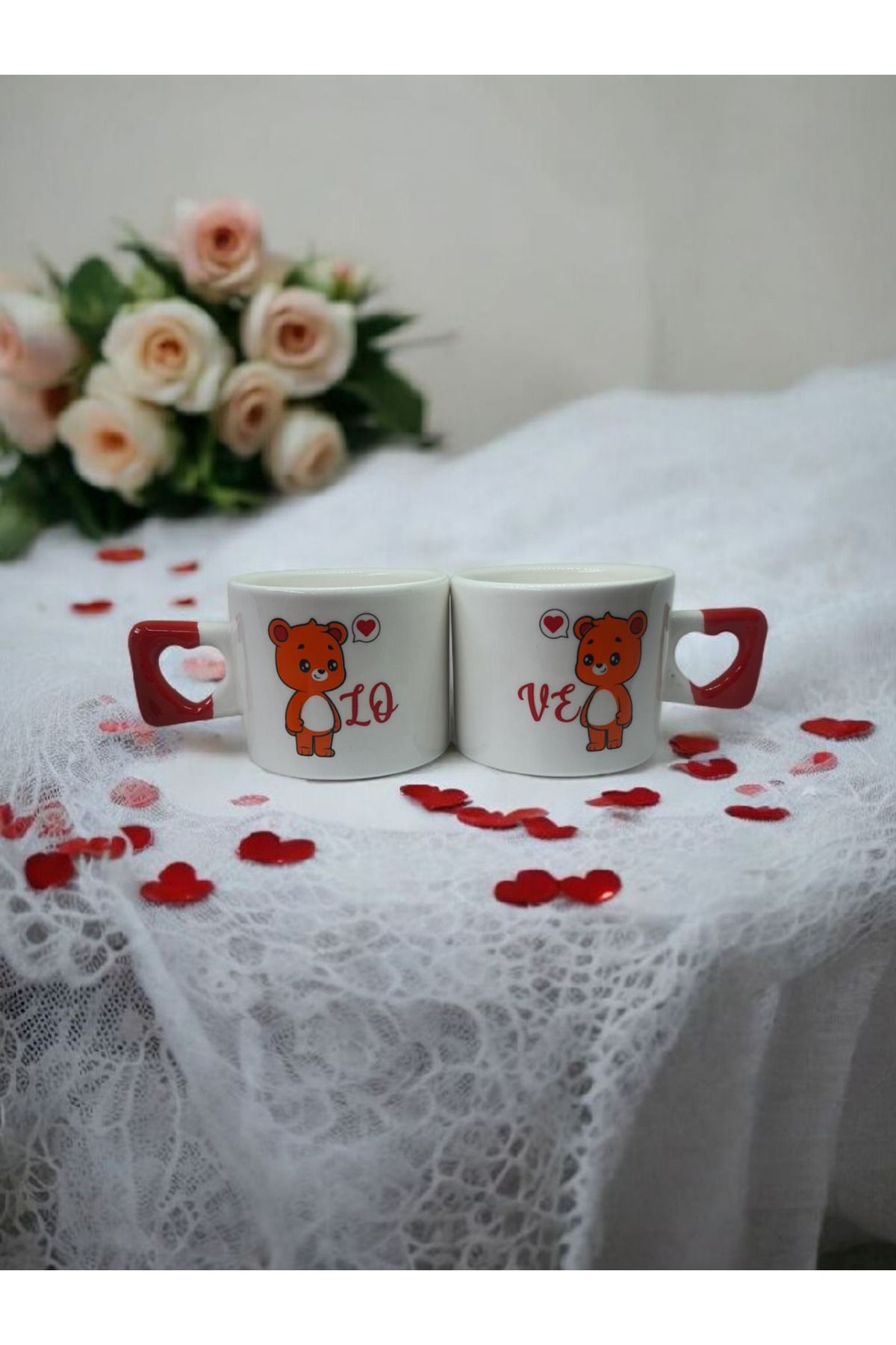 Simge Seramik İkili LO VE Ayıcık Çift Taraf Baskılı Kalp Kulplu El Yapımı Doğal Seramik Mug Kupa Fincan Seti