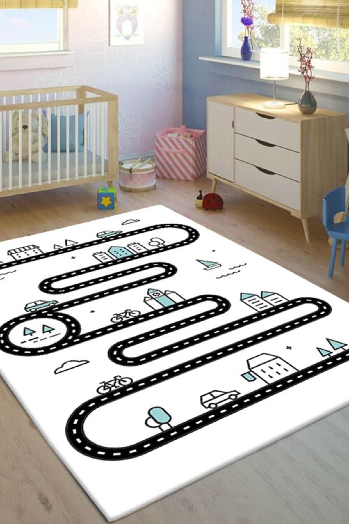 Serteks Beyaz Yol Baskılı Kaymaz Tabanlı Makinede Yıkanabilir Çocuk Halısı