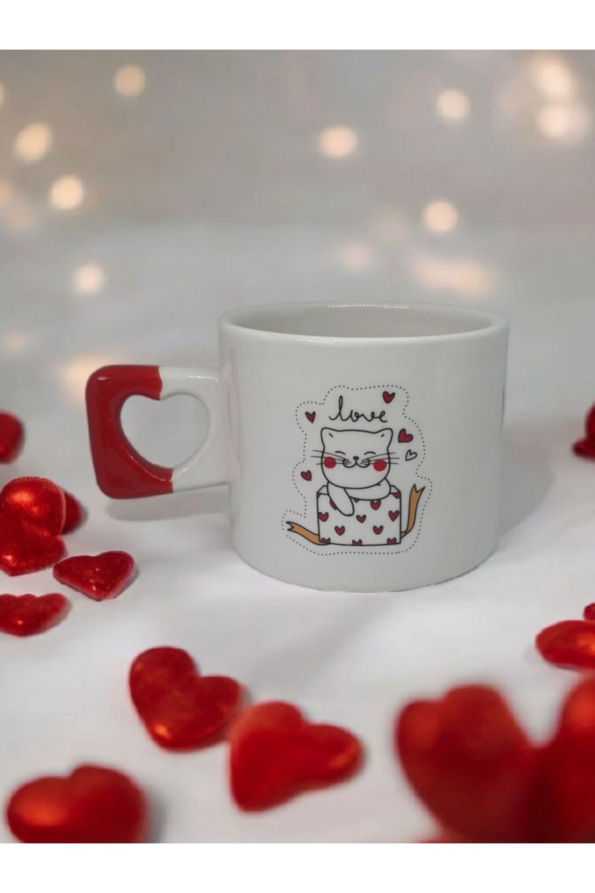 Simge Seramik Love Kedi Çift Taraf Çizimli Kalp Kulplu El Yapımı Doğal Seramik Mug Kupa Fincan