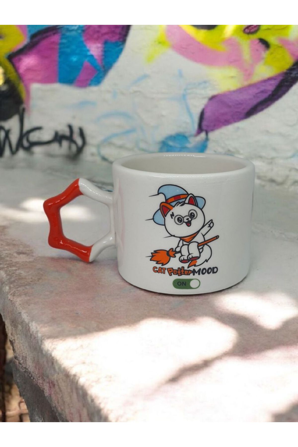 Simge Seramik Cat Potter Mood Çift Taraf Baskılı Yıldız Kulplu El Yapımı Doğal Seramik Mug Kupa Fincan