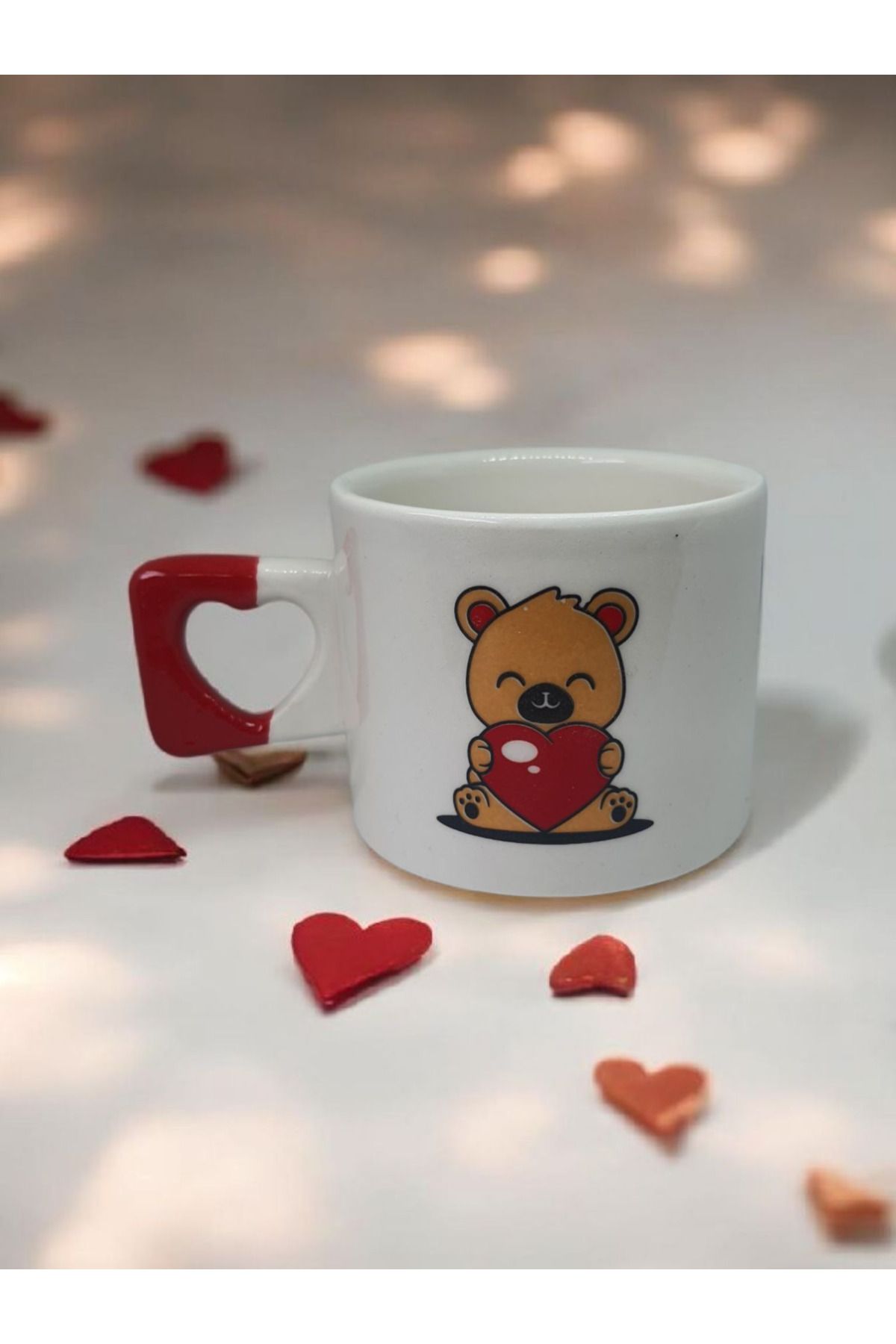 Simge Seramik Aşık Ayı Çift Taraf Çizimli Kalp Kulplu El Yapımı Doğal Seramik Mug Kupa Fincan