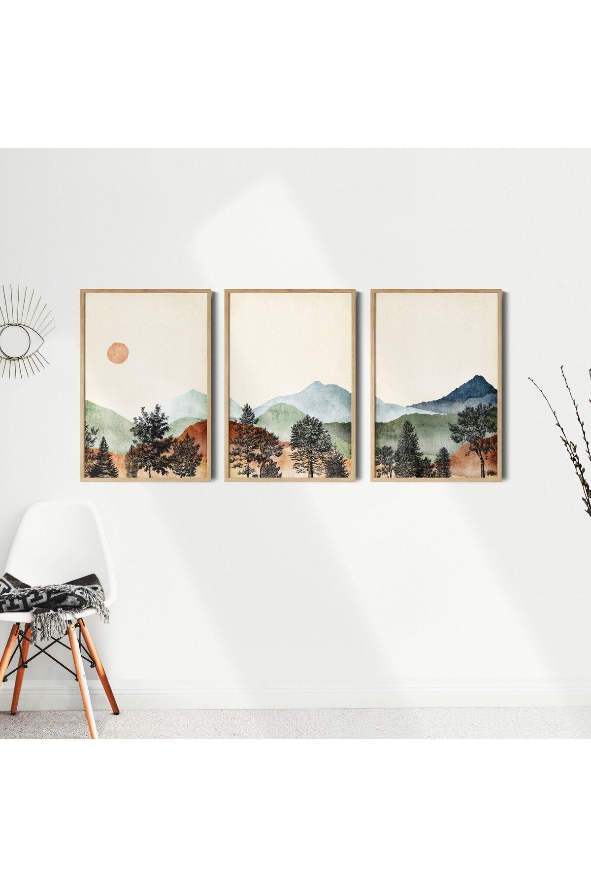 Tuba Decor 3 Parça Ahşap Çerçeve Görünümlü bohem MDF Tablo Seti