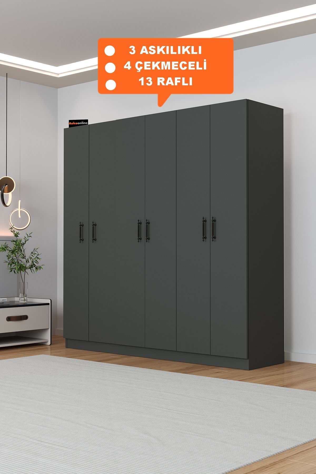 AEKA AE-2115 KALE ANTRASİT GRİ GARDIROP 6 KAPAKLI, 4 ÇEKMECELİ, 3 ASKILIKLI, 13 RAFLI DOLAP