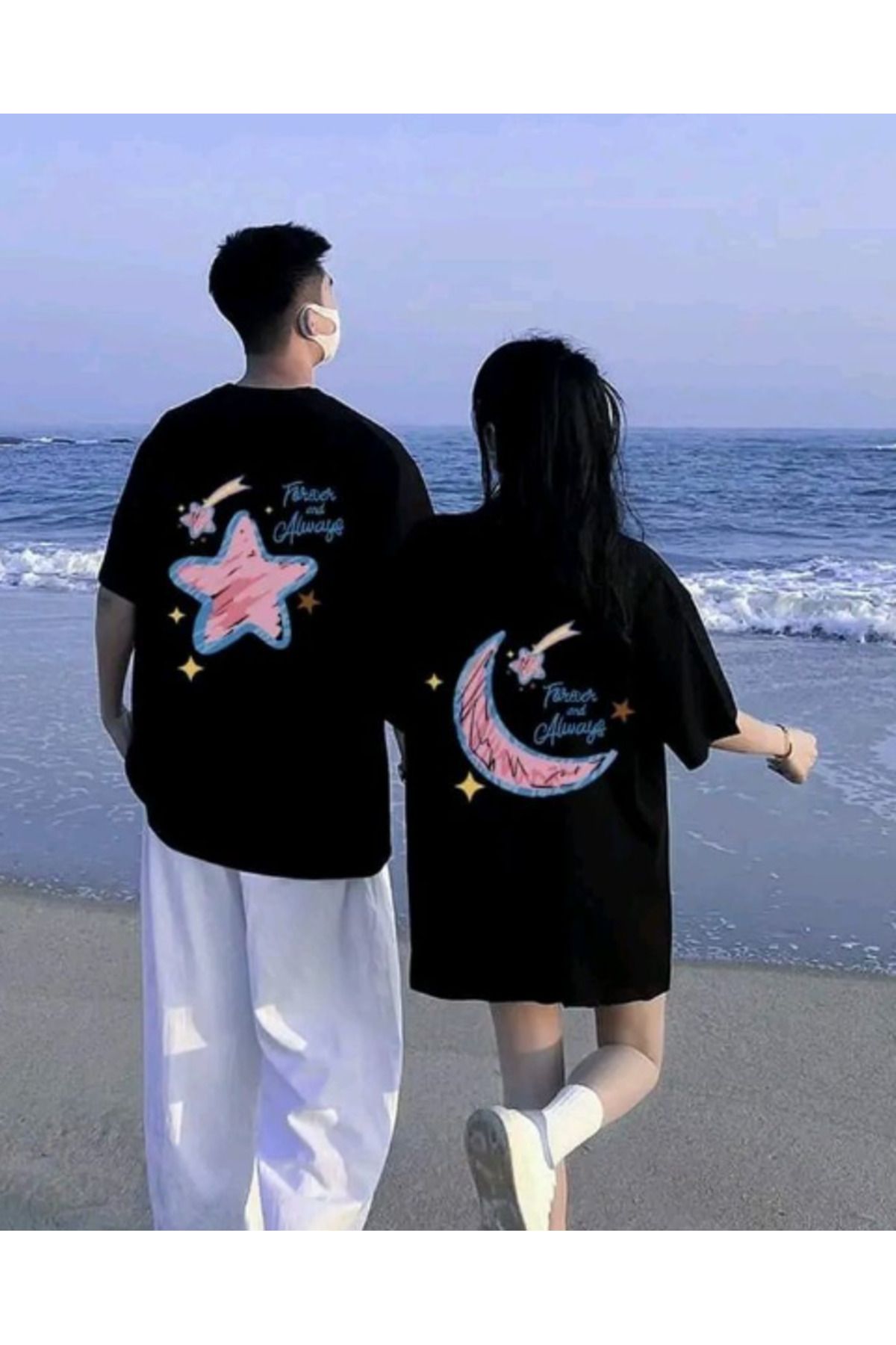 POPULUS Star And Month Couple T-shirt Seti