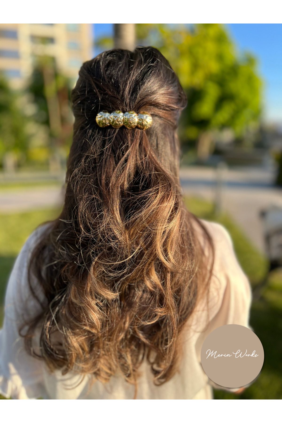 Butik Gold Metal Yuvarlak Bombeli Otomatik Toka Dokulu Saç Aksesuarı