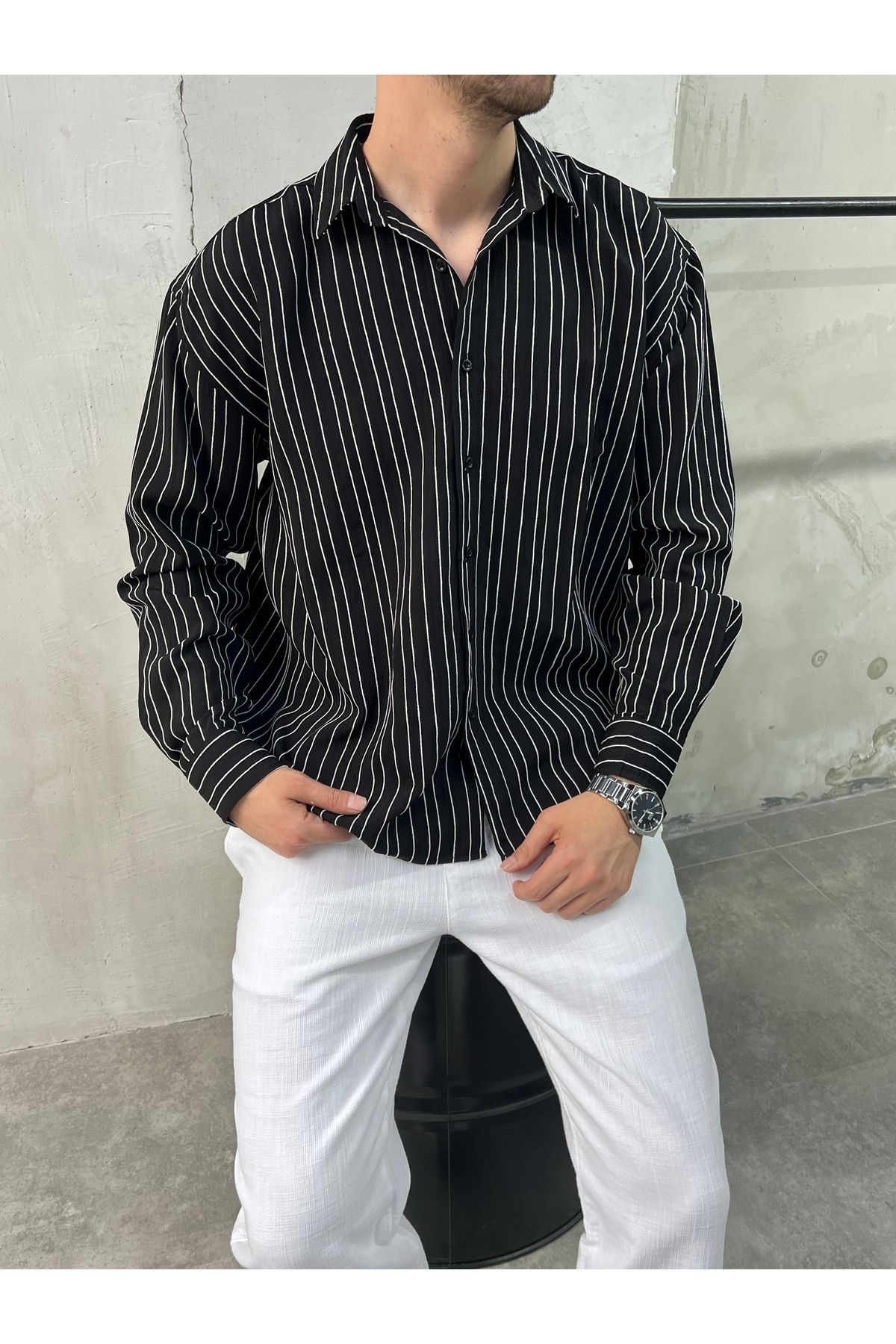 DİFRANSEL Çizgili Modal Oversize Siyah Gömlek