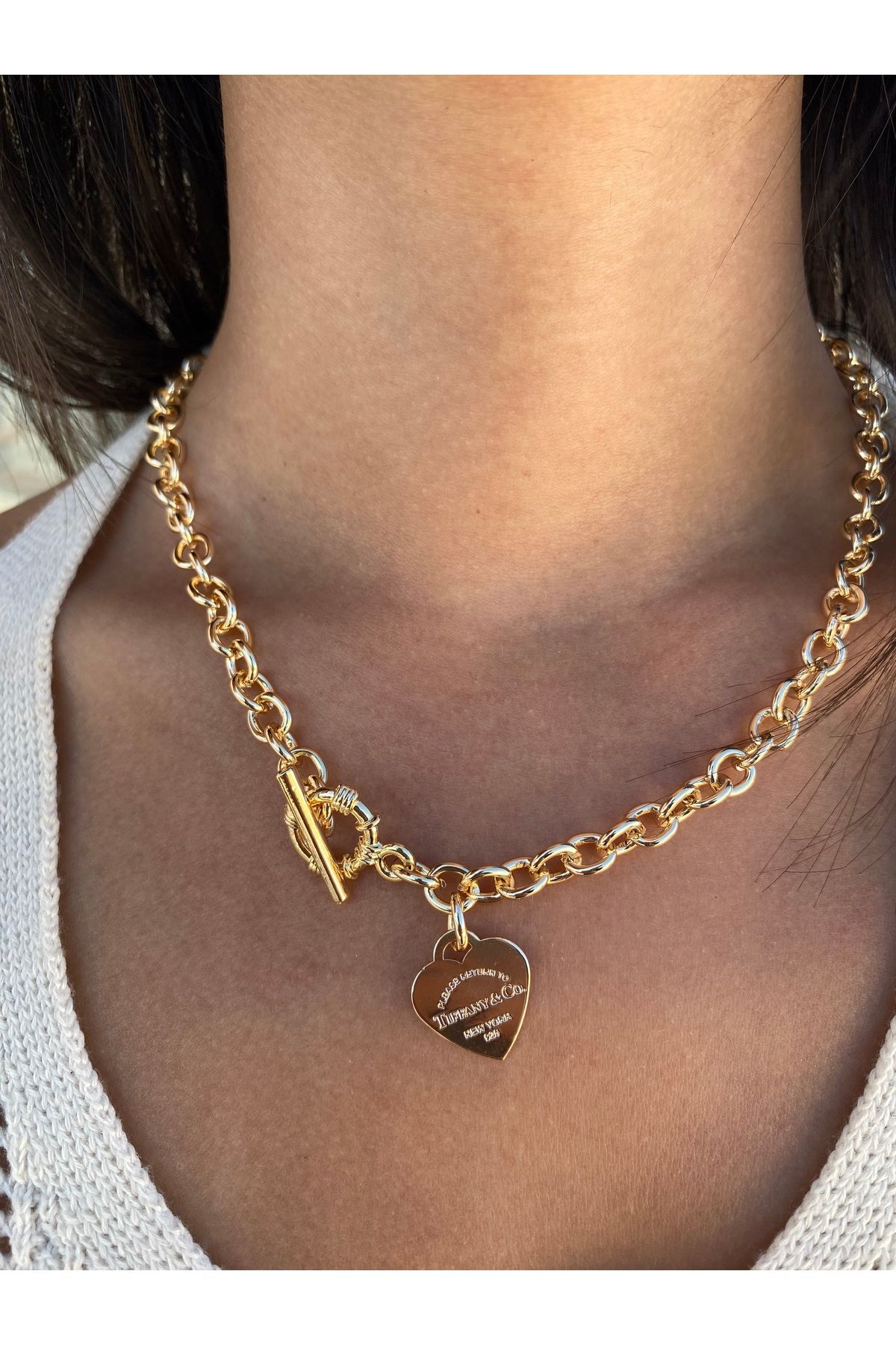 Jiji Jewelery Tiff Co Heart Tag Toggle Altın Renk Çelik Kolye