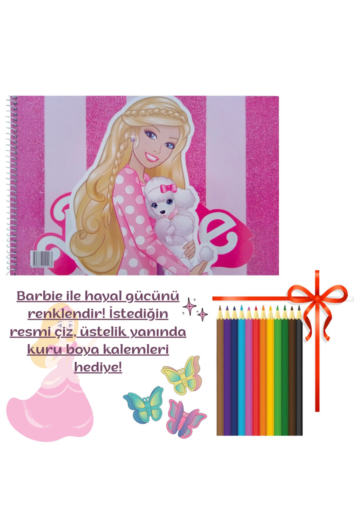 booddie Resim Defteri 17 cm *24 cm Barbi_e Temalı Küçük Boy 15 sayfa & 12'li Kuru Boya Kalemi Hediyeli Set
