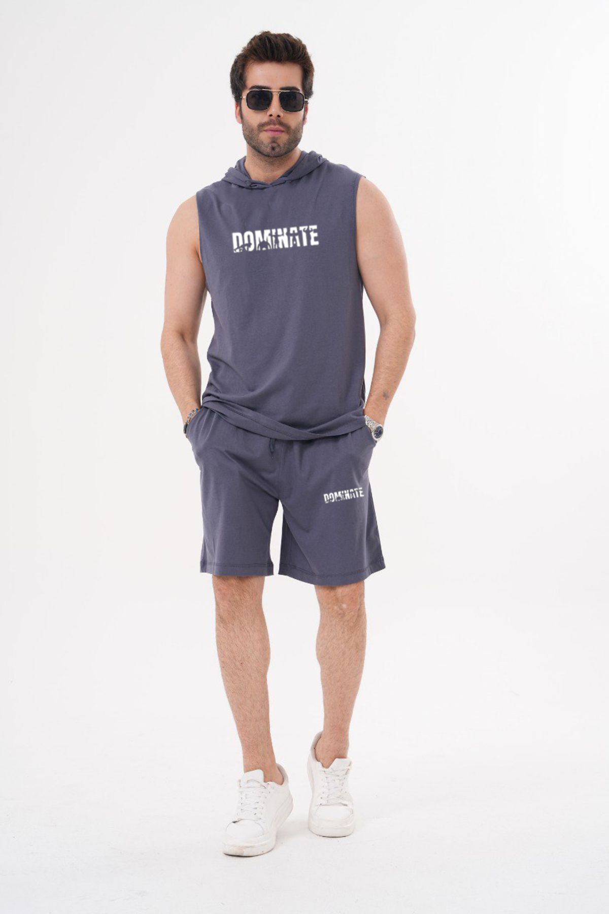 ACTIVE MODA - ERKEK KISA KOLLU POPSINATE BASKILI TSHIRT-ŞORT TAKIMI 2 Lİ PAMUKLU BÜYÜK BEDEN