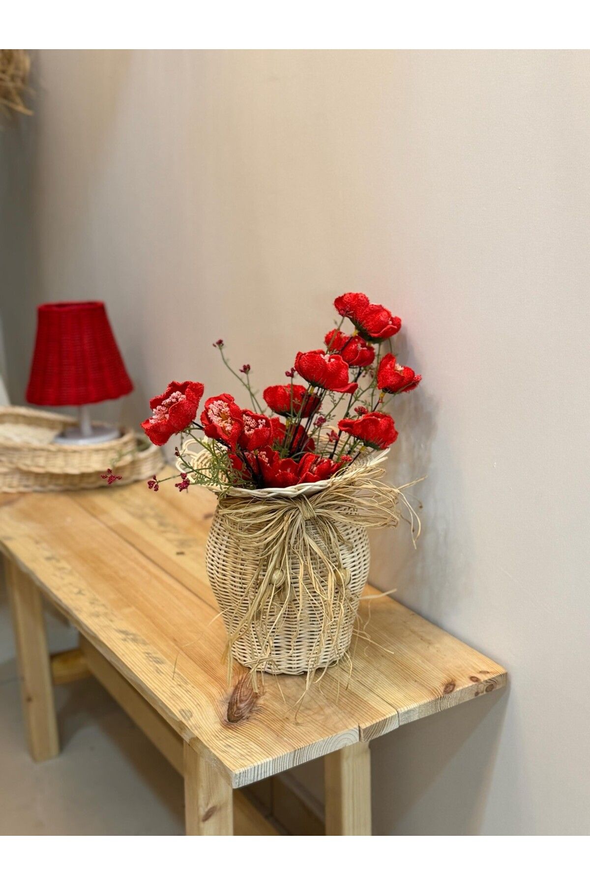 Maison Avf 2'li Set Rattan El Yapımı Vazo & Kırmızı Gelincik
