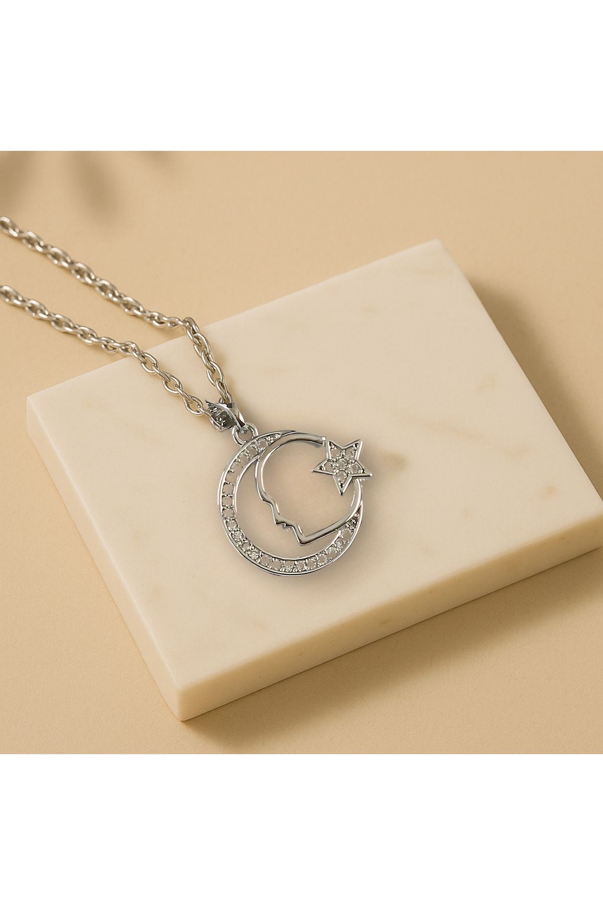 stainless steell Lune Atatürk & Bayrak Silver Çelik Kolye