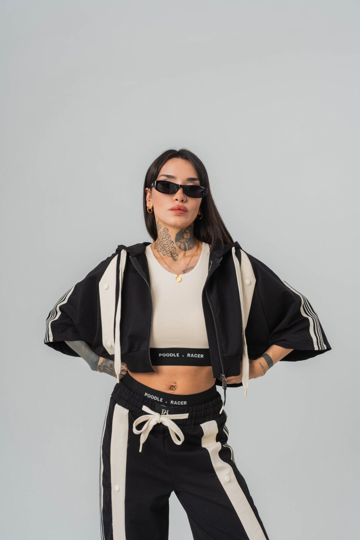 go gang own Urban Stripe Crop + Kapüşonlu Kadın T-shirt 2' li Set