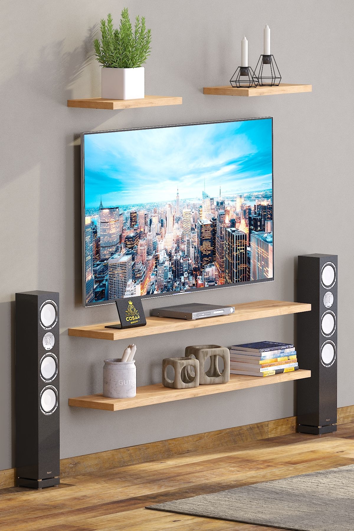 Cosargroup 4lü İskandinav Tarzı Bohem Uçan Duvar Rafı Tv Rafı Salon Dekorasyonu 4'lü Tv Rafı