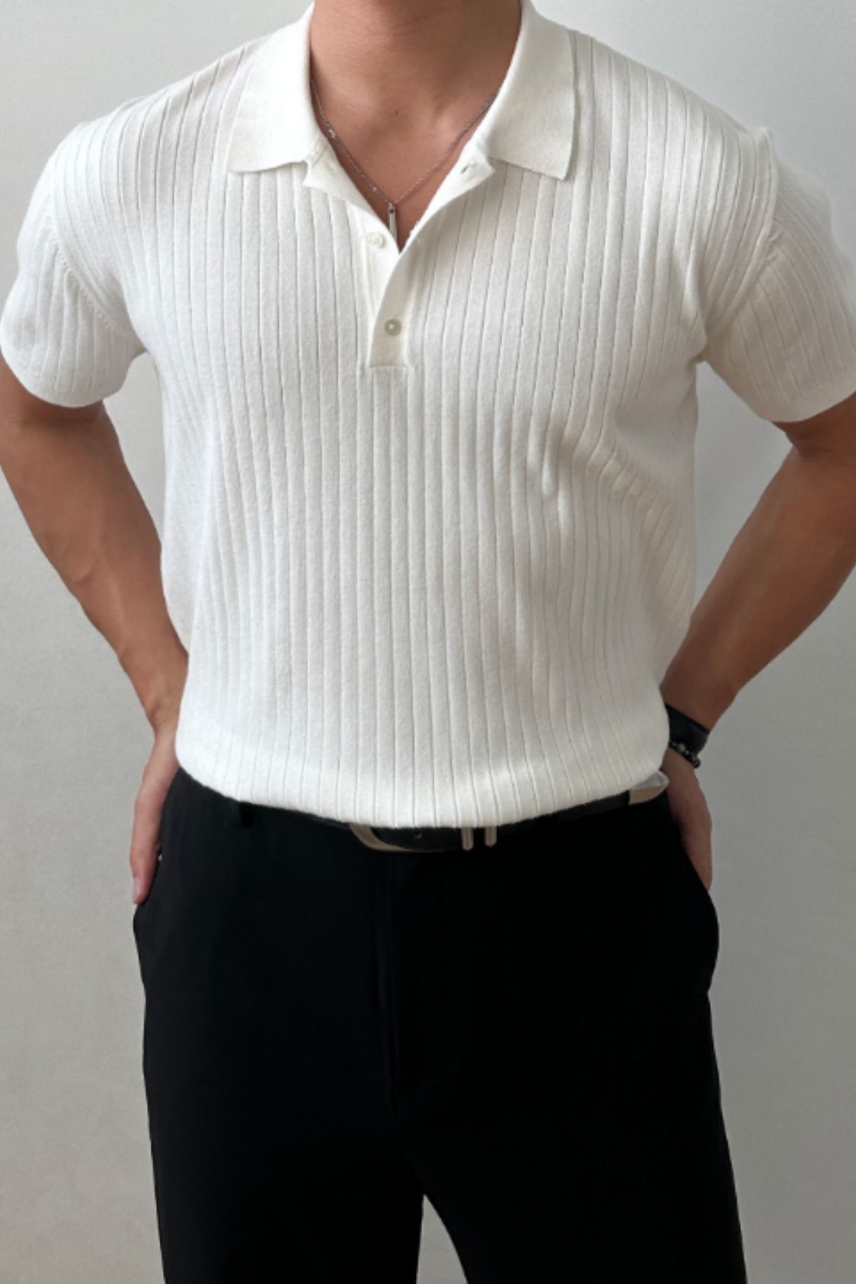 COOL TARZ Erkek Beyaz Fitilli Düğmeli Polo Yaka Triko T-Shirt