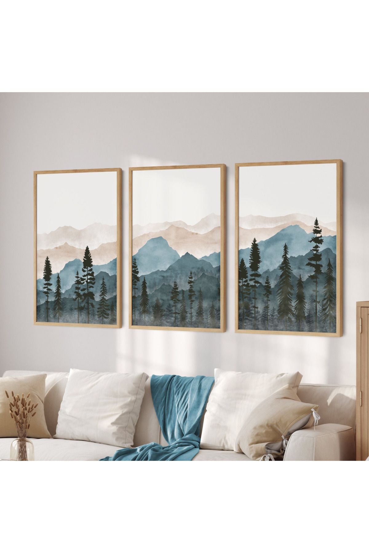 Tuba Decor 3 Parça Ahşap Çerçeve Görünümlü bohem MDF Tablo Seti