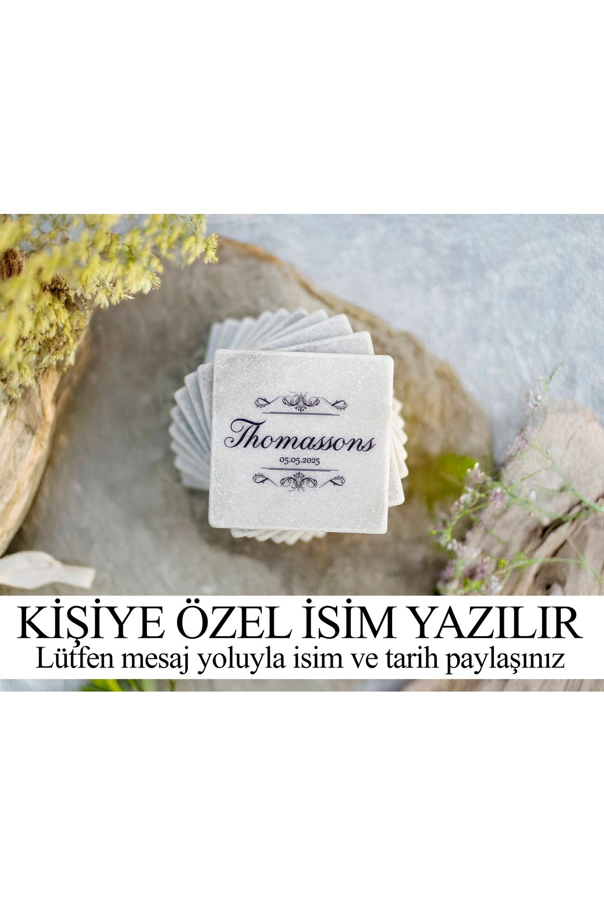 marbelix Kişiselleştirilen 6'lı Set Silva Beyaz Mermer Bardak Altlığı #1 - 10cm - Mesajla İsim Tarih Belirtin