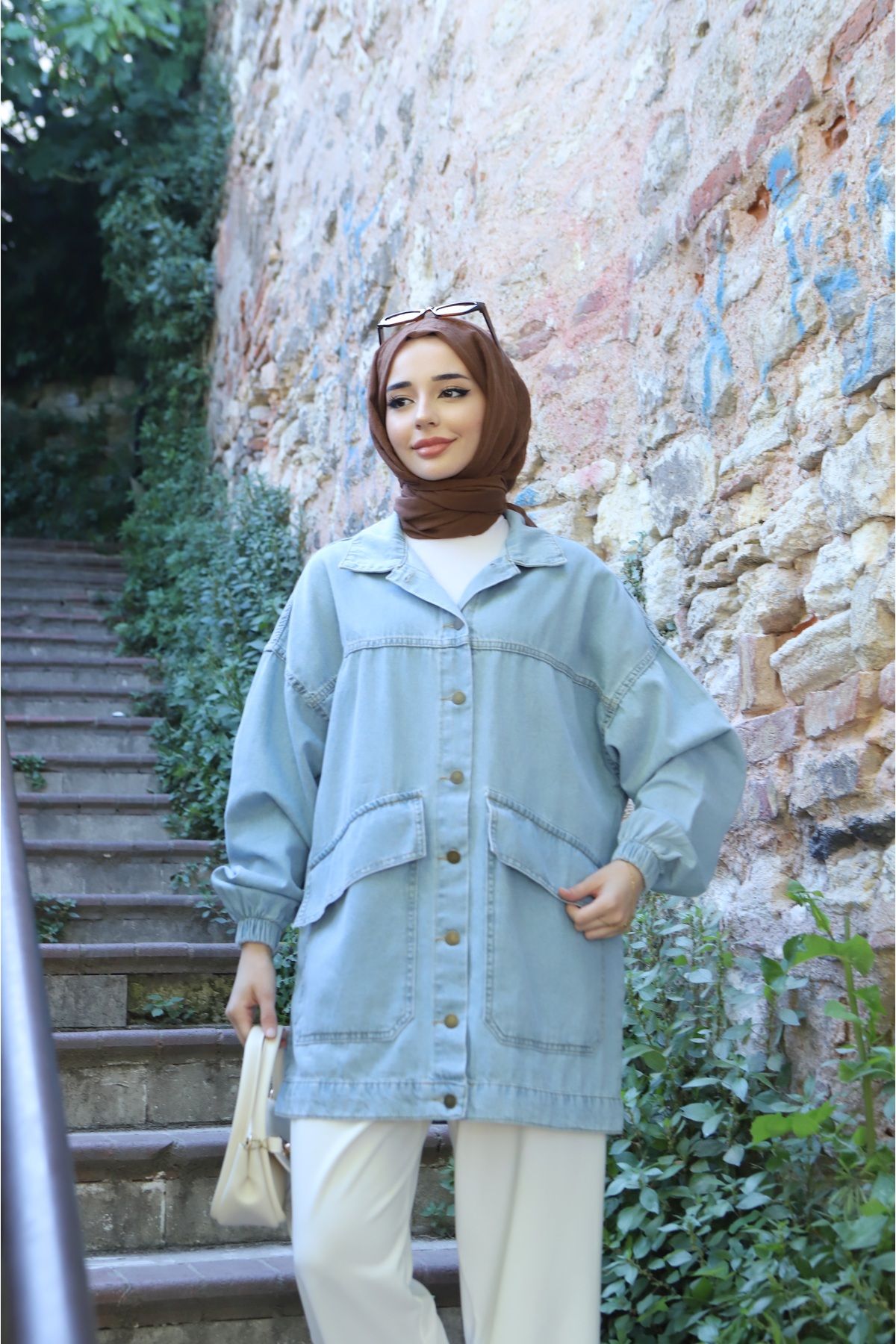 ENKAY MODA Oversize Kalıp Kolu Lastikli Kot Ceket.