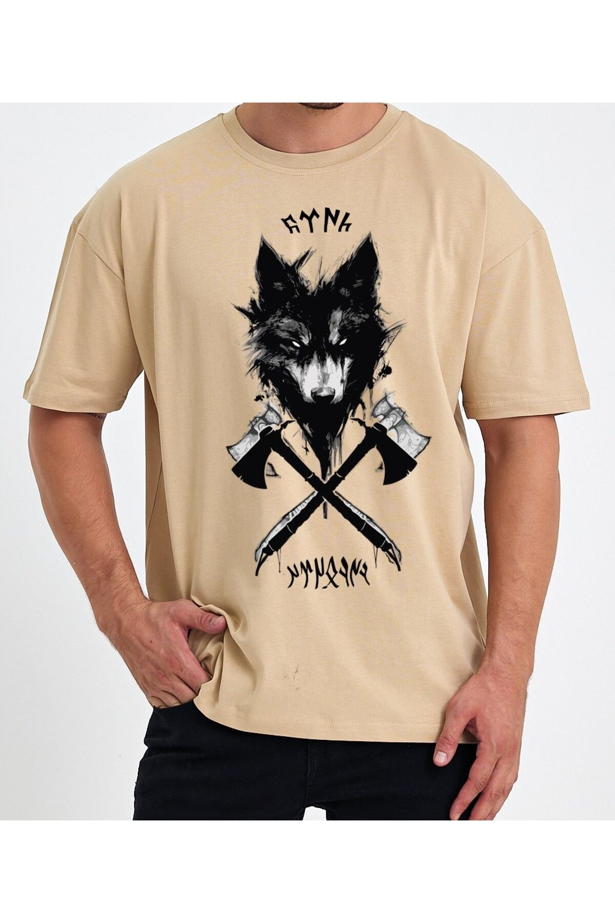 VEK Kurt Baskılı Göktürk Harfleri Özel Tasarım Oversize T-Shirt