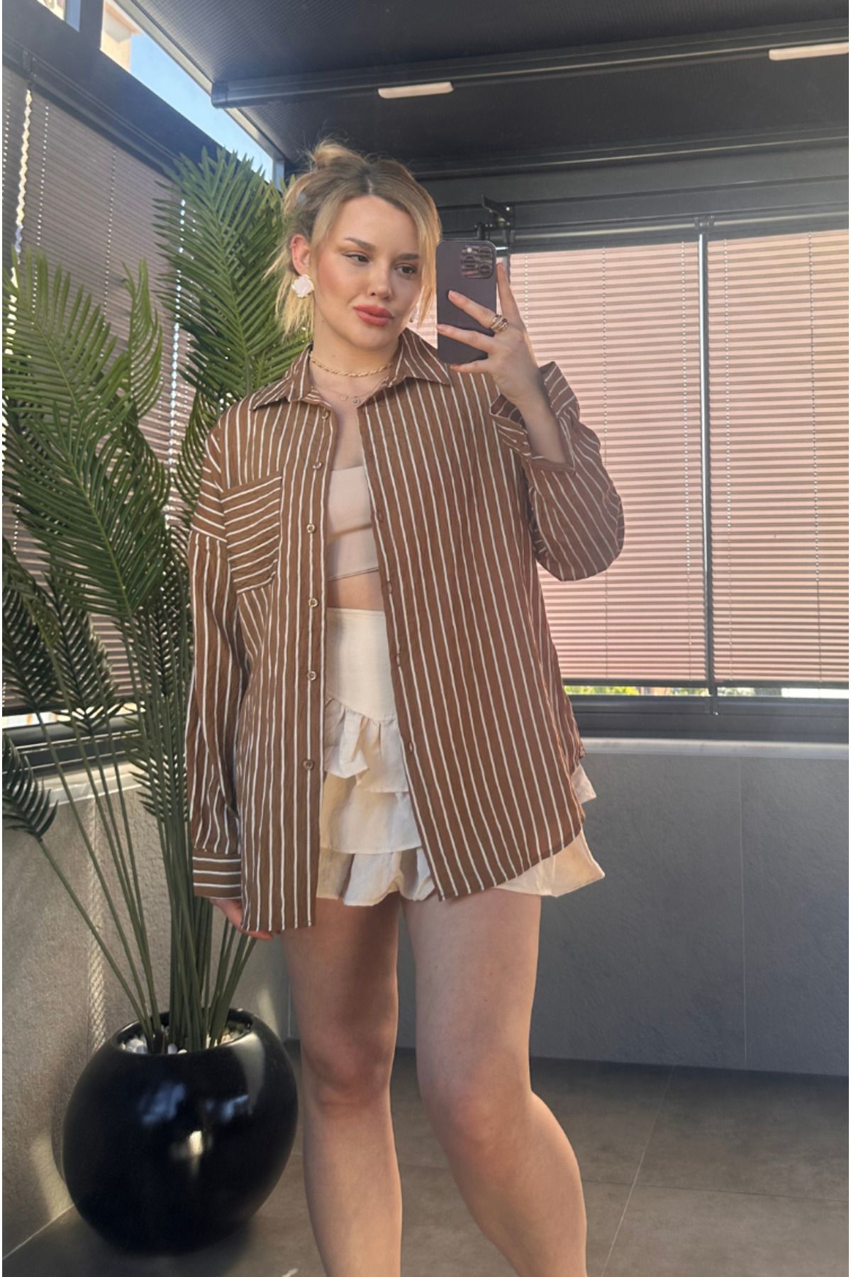 MİR STORE Camel Tek Cepli Çizgili Oversize Modal Gömlek