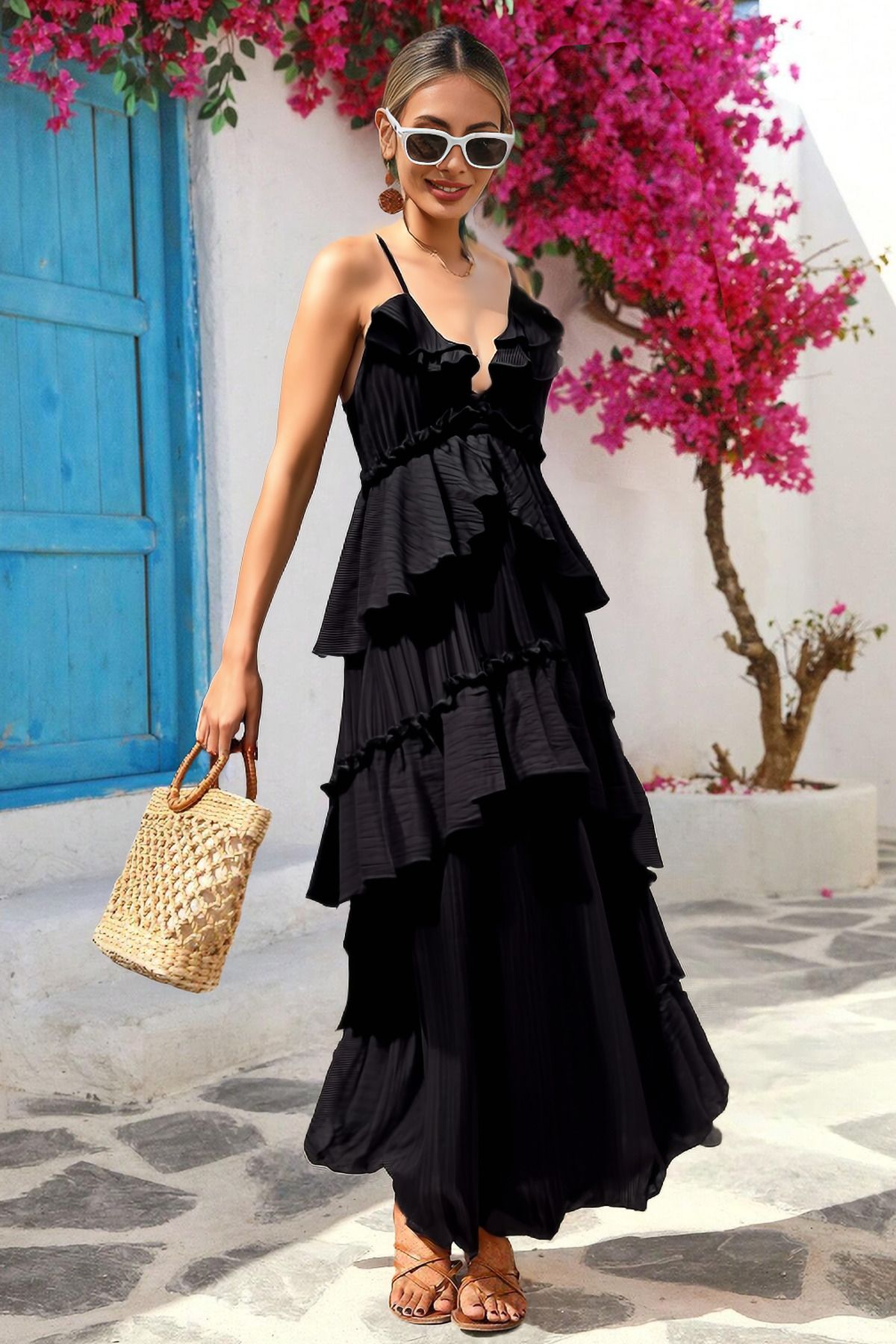 FASHION COCKTAIL İp Bağlama Askılı Fırfırlı Hacimli Dalgalı Hareketli Yırtmaçsız Maxi Uzun Yazlık Sahil Tatil Elbise