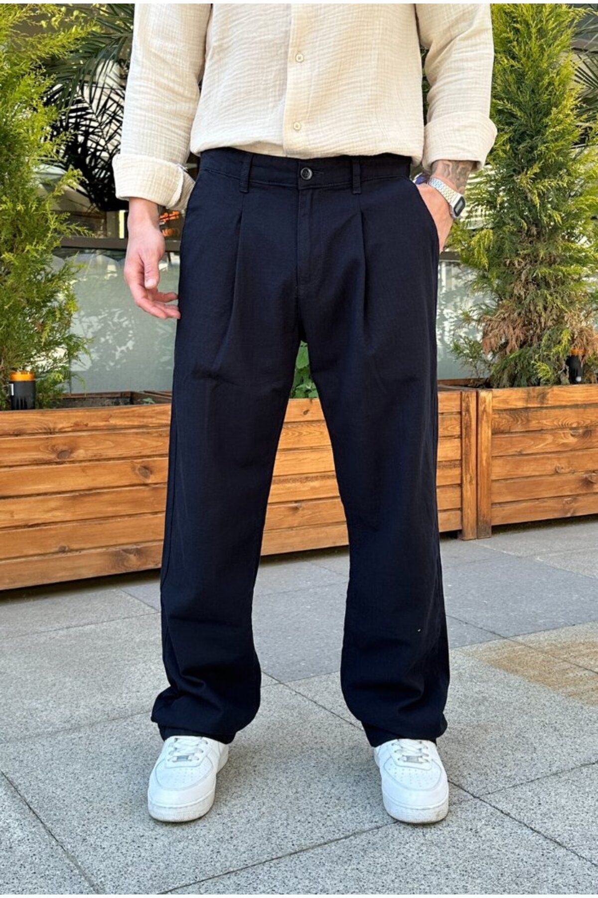 serline Premium Pileli Baggy Keten Pantolon