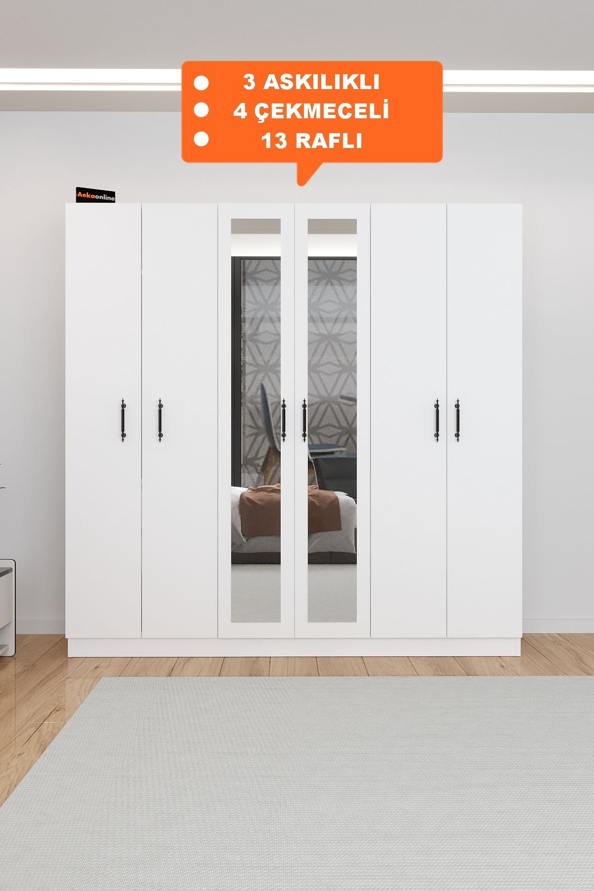 AEKA Ae-2116 Kale Aynalı Beyaz, 6 Kapaklı Gardırop, 13 Raflı, 3 Askılıklı 180 Cm Dolap