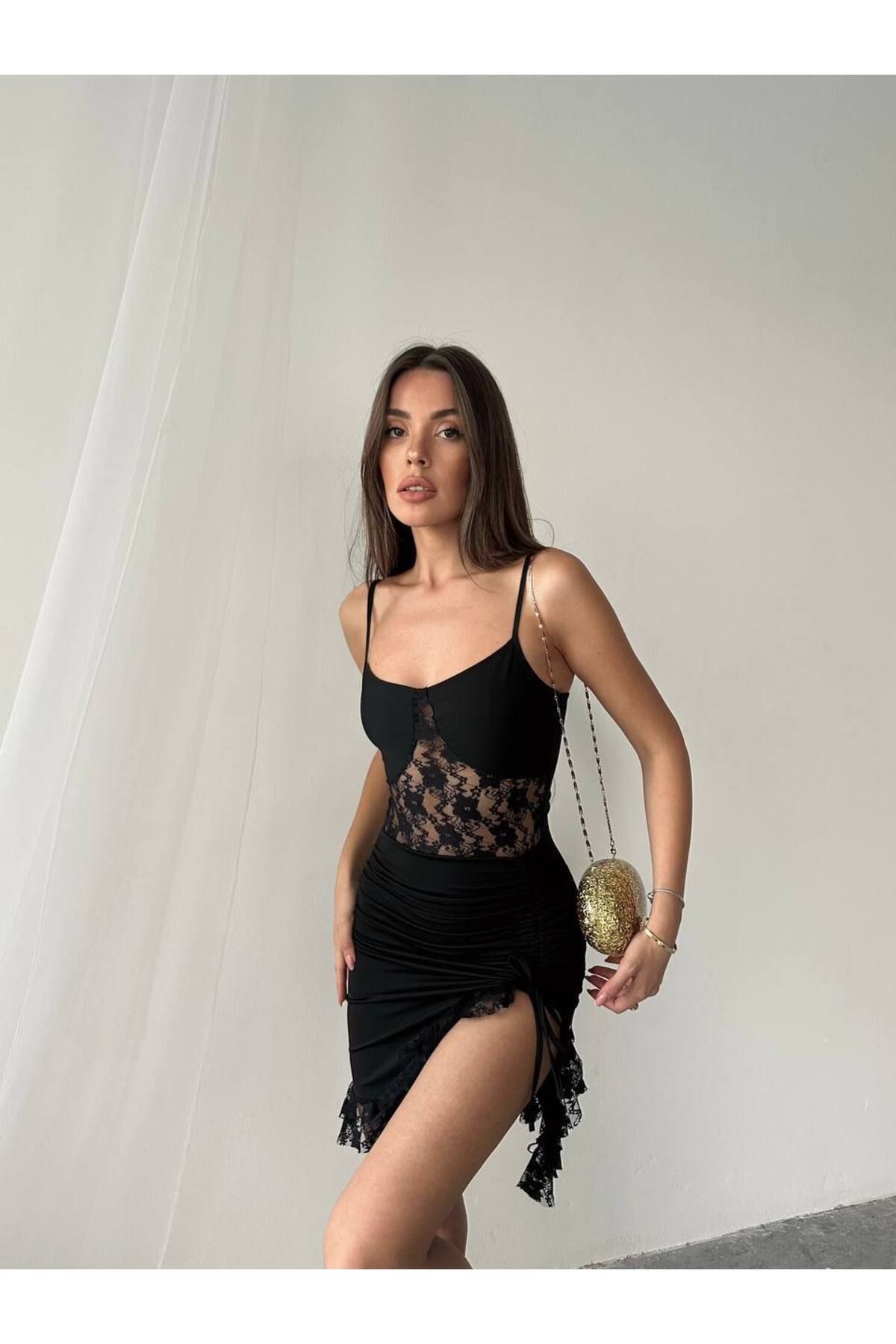 SANAT VE MODA Ds Askılı dantel mini kadın elbise