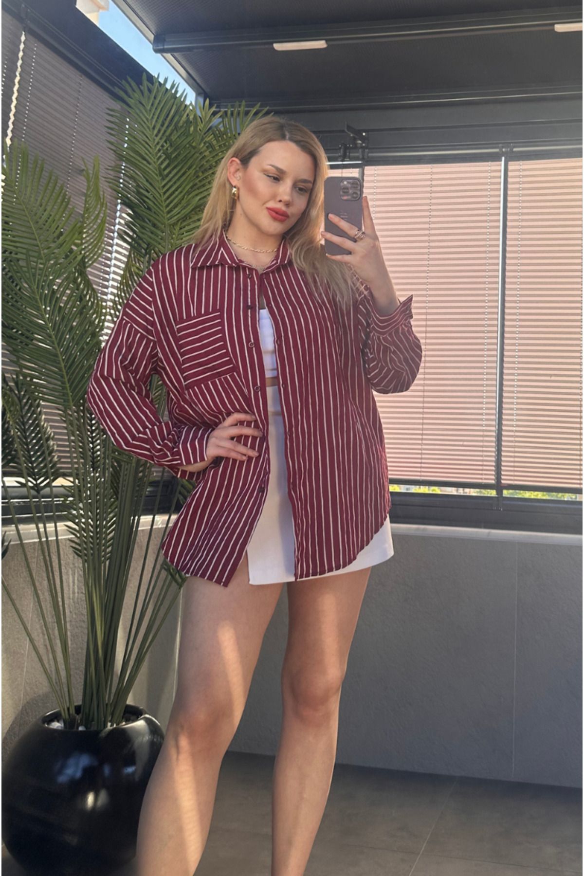 MİR STORE Bordo Tek Cepli Çizgili Oversize Modal Gömlek